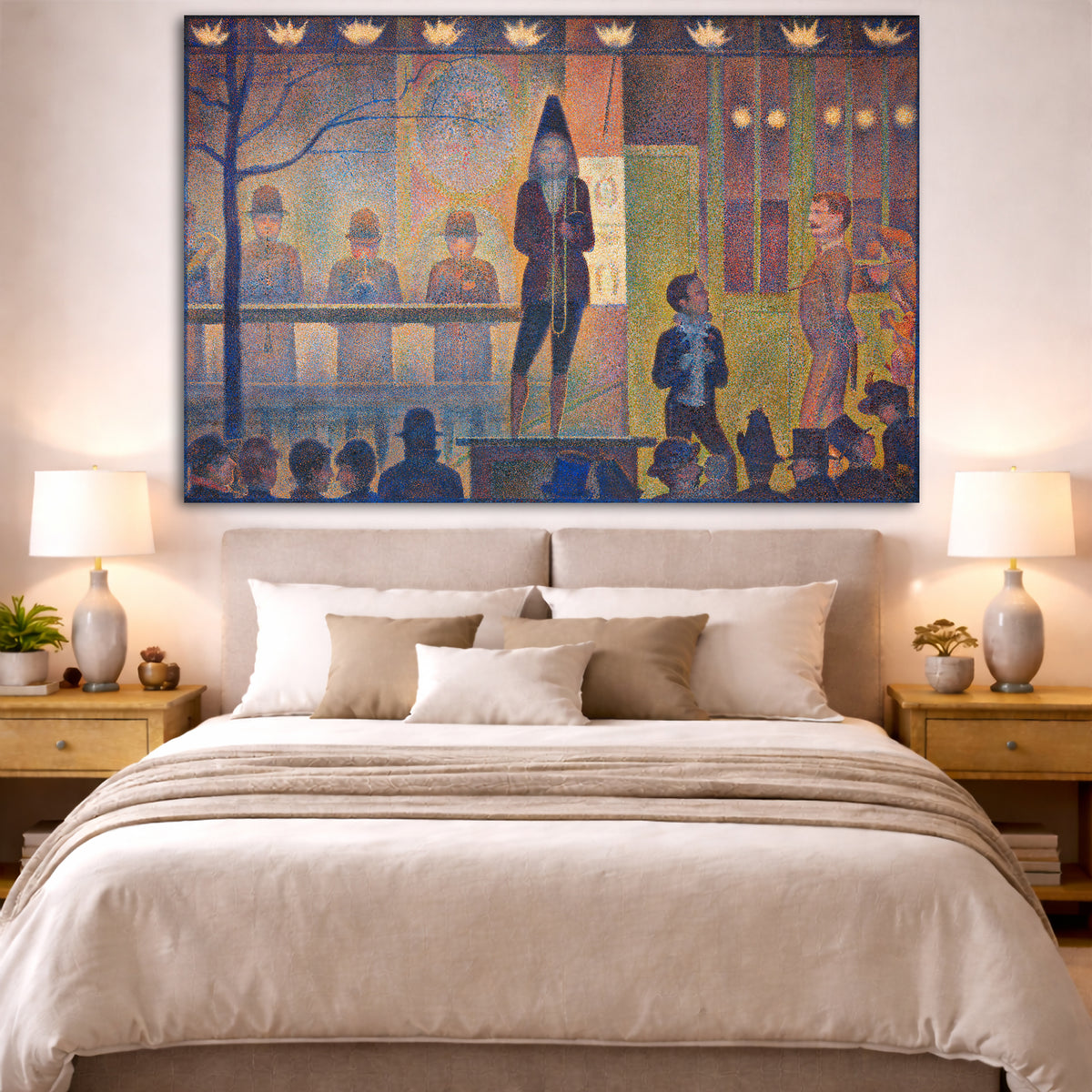 Georges Seurat - Circus Sideshow Giclée canvas print displayed above a bed in a bedroom interior