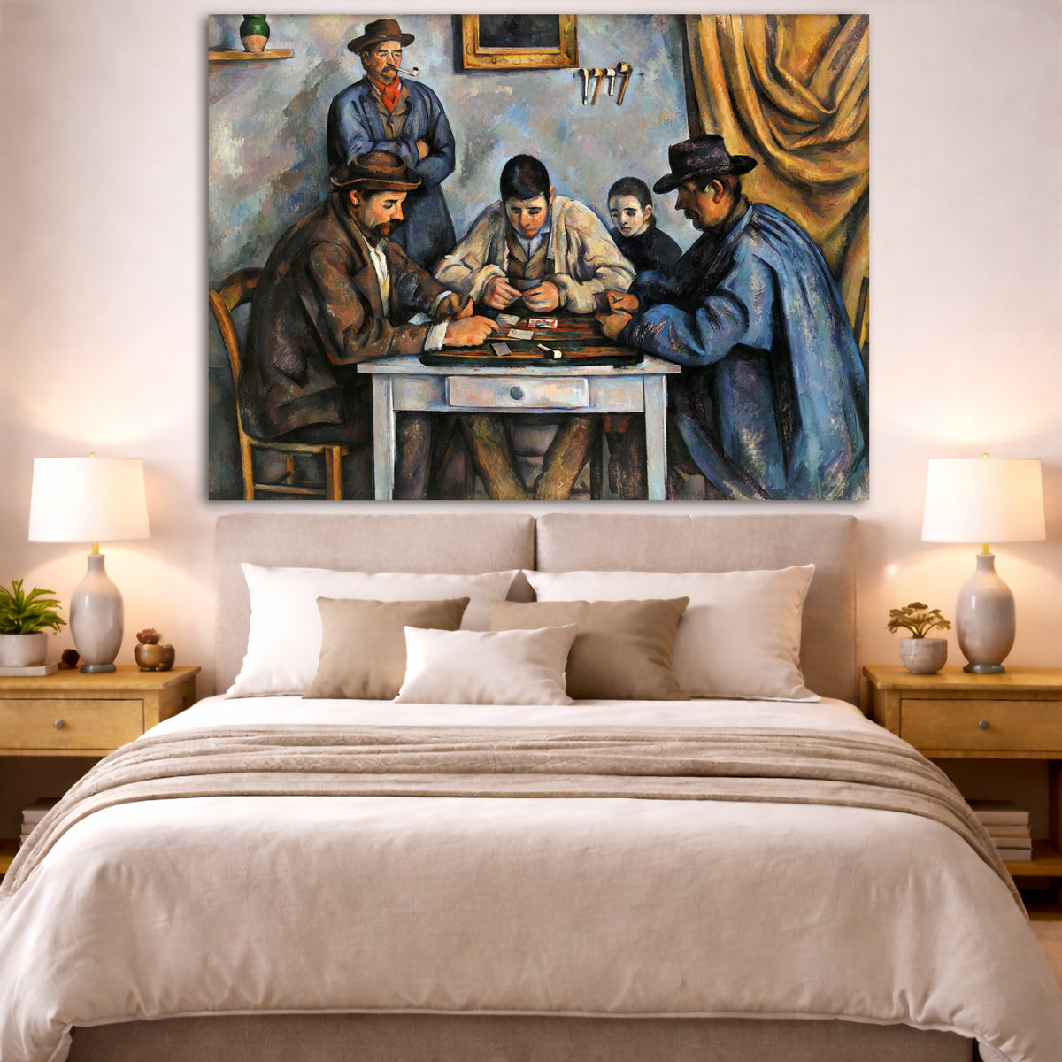 Paul Cézanne - The Card Players Giclée canvas print displayed above a bed in a bedroom interior