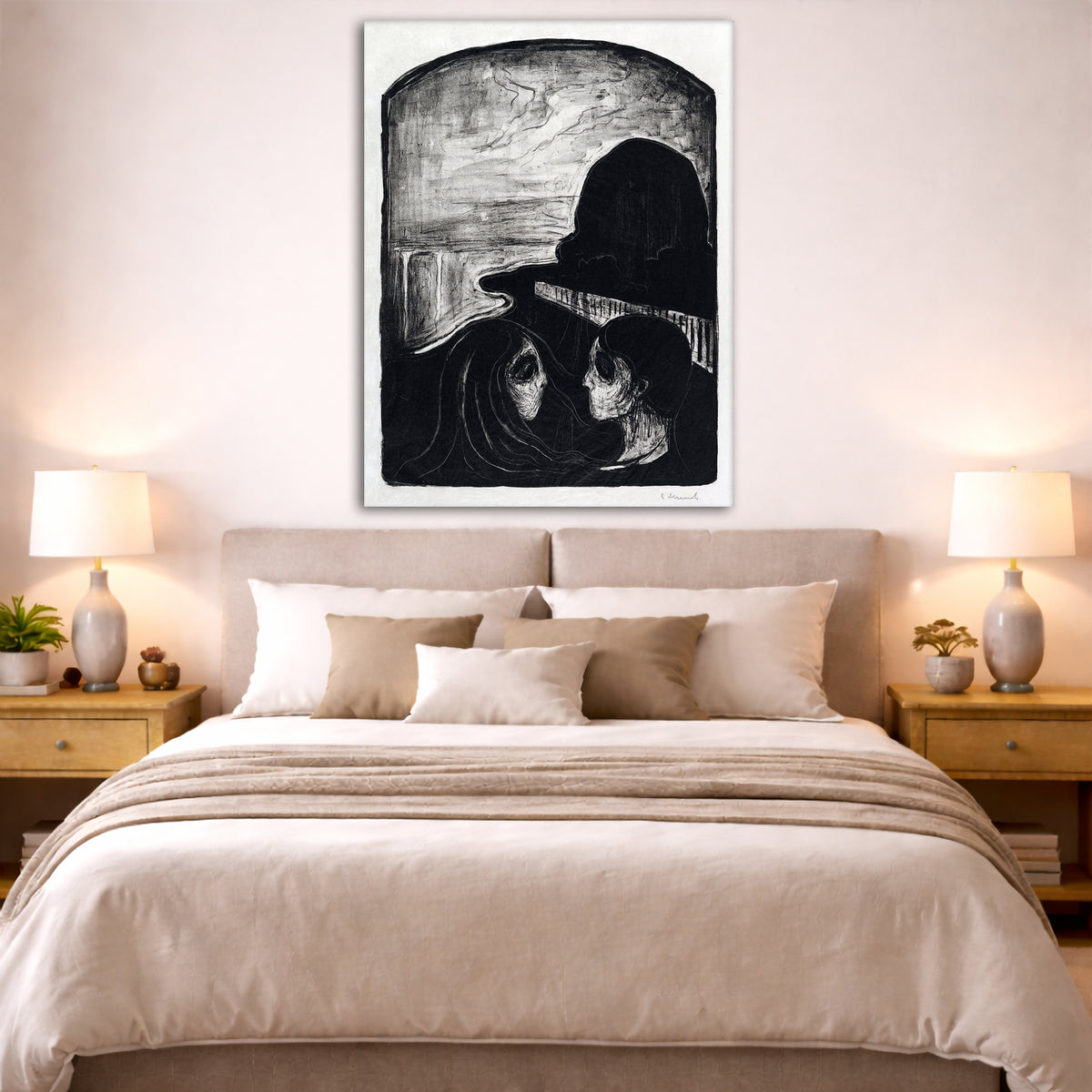 Edvard Munch - Attraction I Giclée canvas print displayed above a bed in a bedroom interior