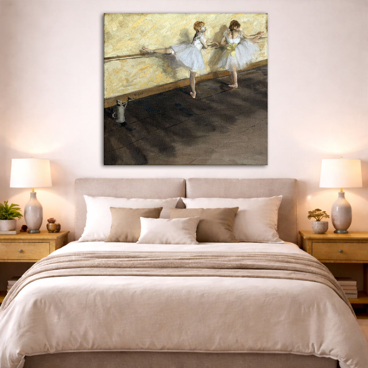 Edgar Degas - Dancers Practicing at the Barre Giclée canvas print displayed above a bed in a bedroom interior
