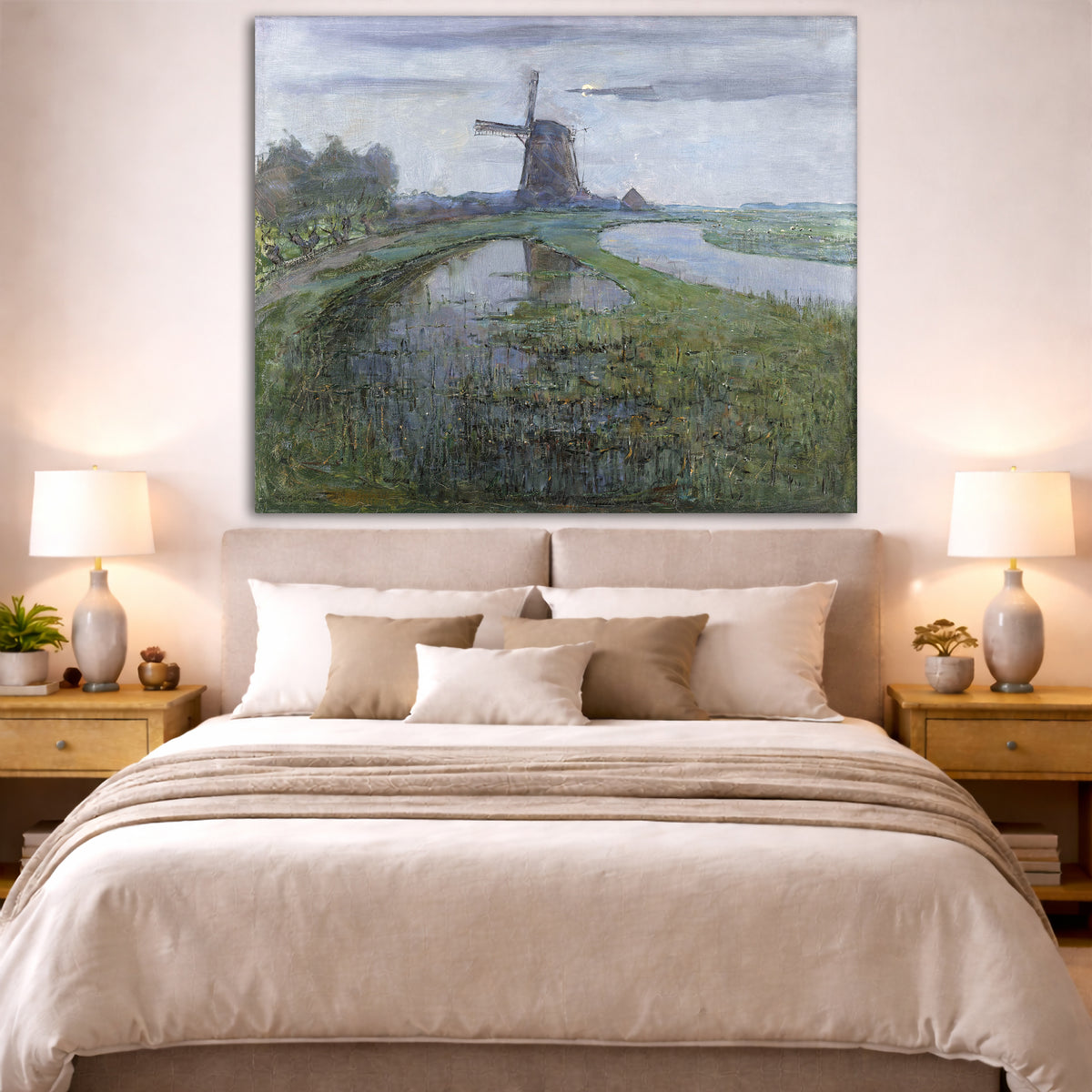 Piet Mondrian - Windmill by Moonlight Giclée canvas print displayed above a bed in a bedroom interior