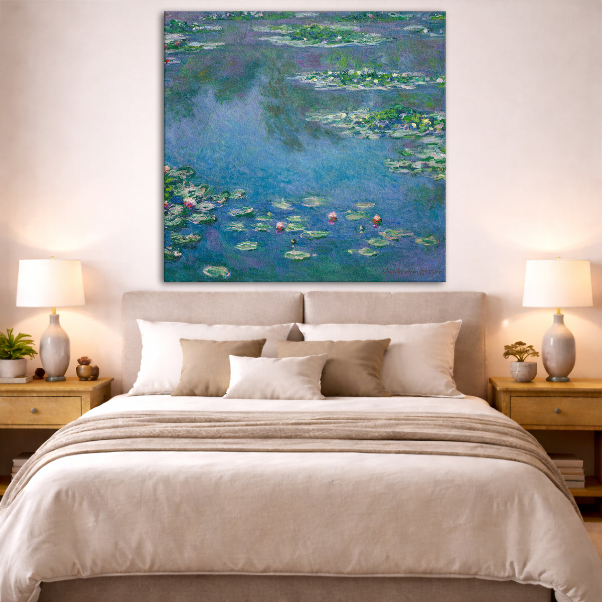 Claude Monet - Water Lilies 1906 Giclée canvas print displayed above a bed in a bedroom interior