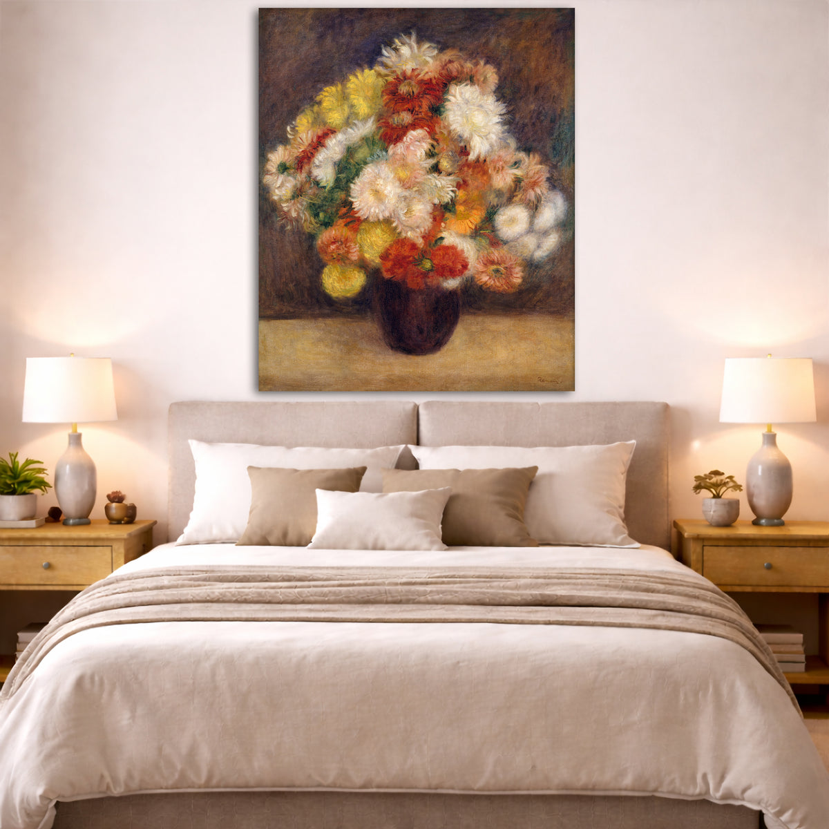 Pierre-Auguste Renoir - Bouquet of Chrysanthemums Giclée canvas print displayed above a bed in a bedroom interior