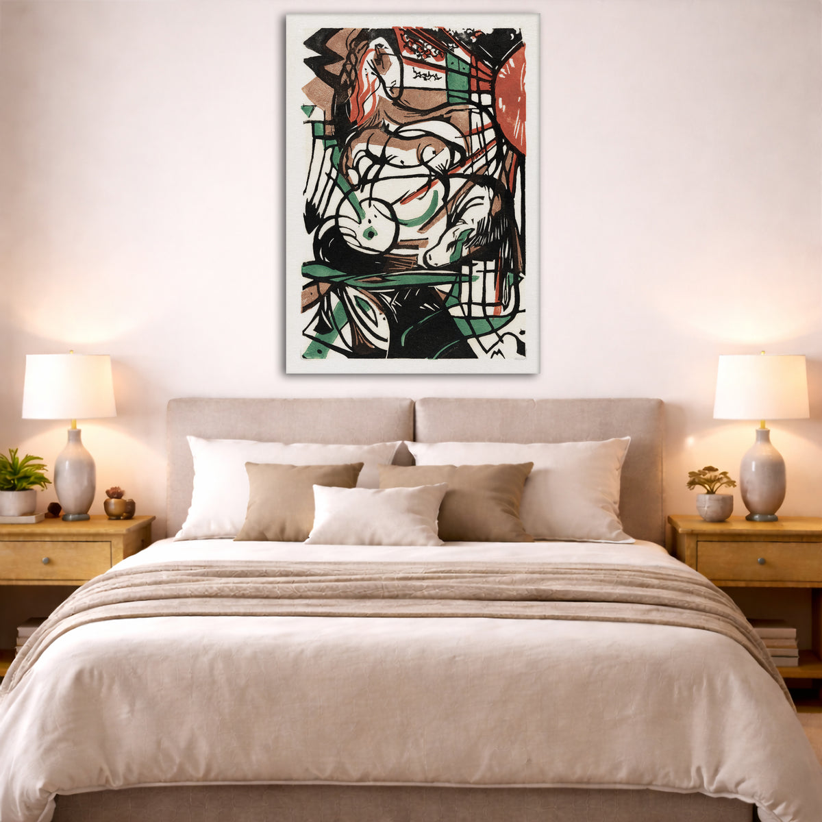 Franz Marc - The Birth of Horses Giclée canvas print displayed above a bed in a bedroom interior
