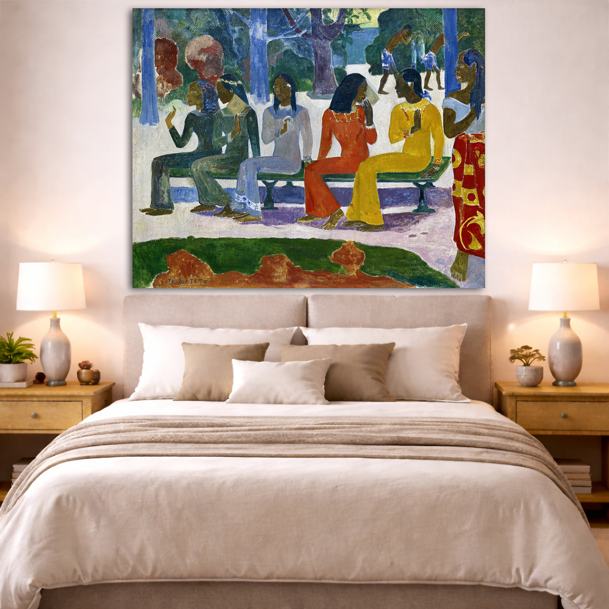 Paul Gauguin - We Shall Not Go to the Market Giclée canvas print displayed above a bed in a bedroom interior