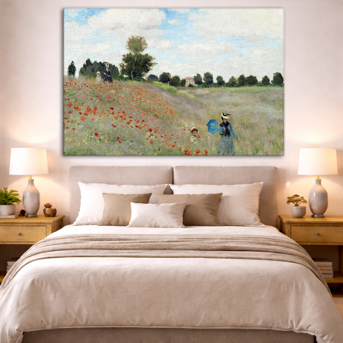 Claude Monet - Poppy Field Giclée canvas print displayed above a bed in a bedroom interior