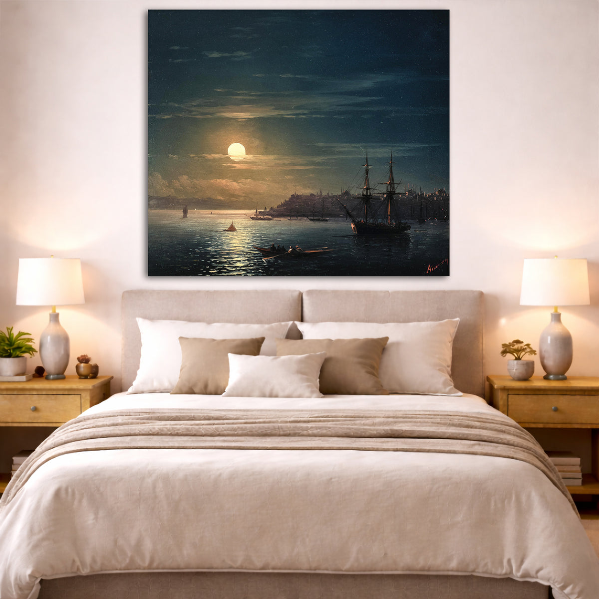 Ivan Aivazovsky - Constantinople Istanbul Giclée canvas print displayed above a bed in a bedroom interior