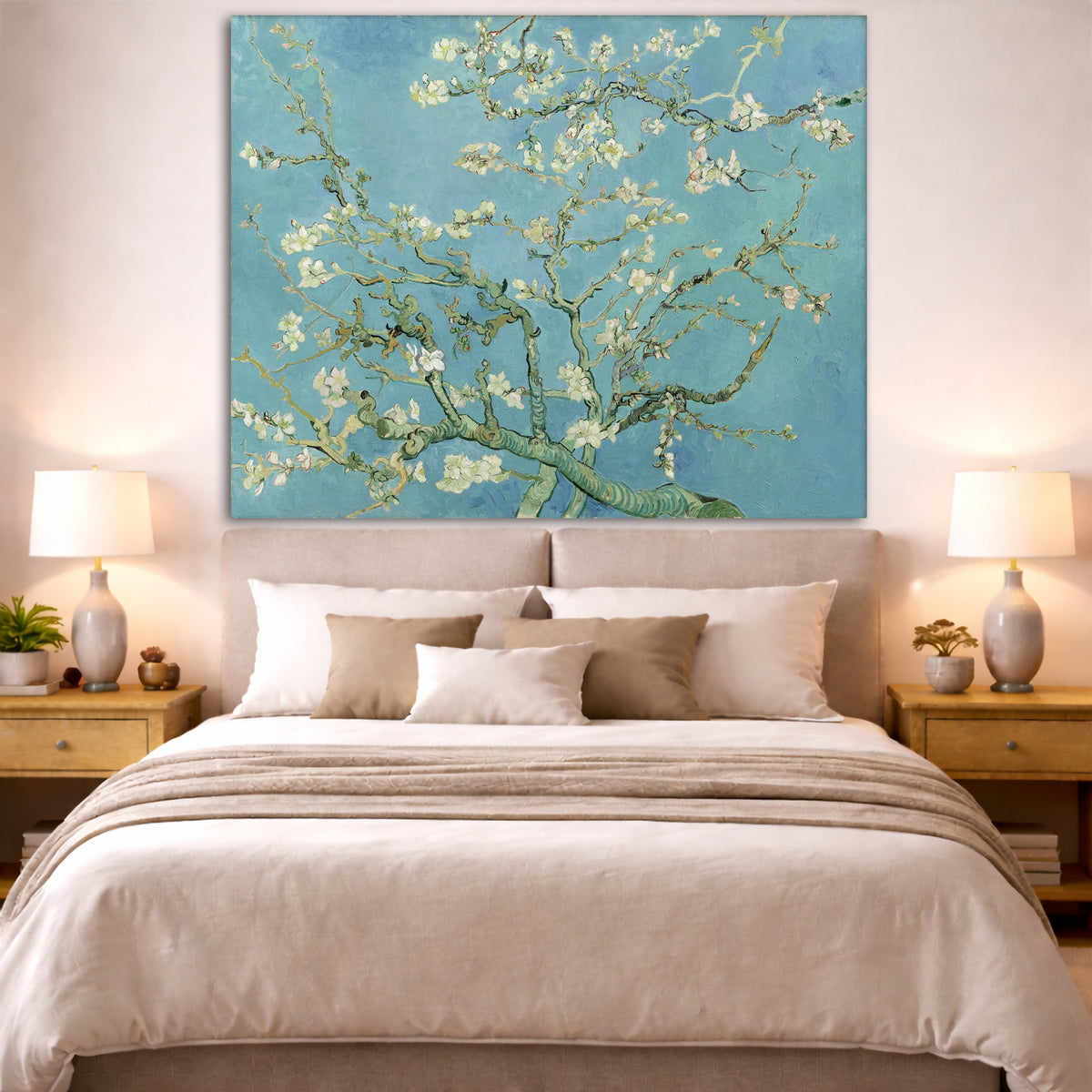 Vincent van Gogh - Almond Blossoms Giclée canvas print displayed above a bed in a bedroom interior