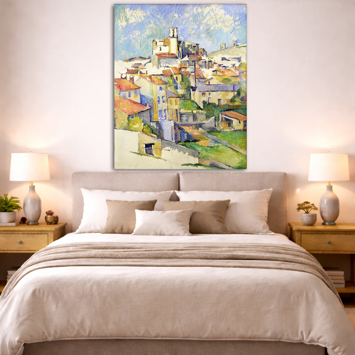 Paul Cézanne - Gardanne Town Giclée canvas print displayed above a bed in a bedroom interior