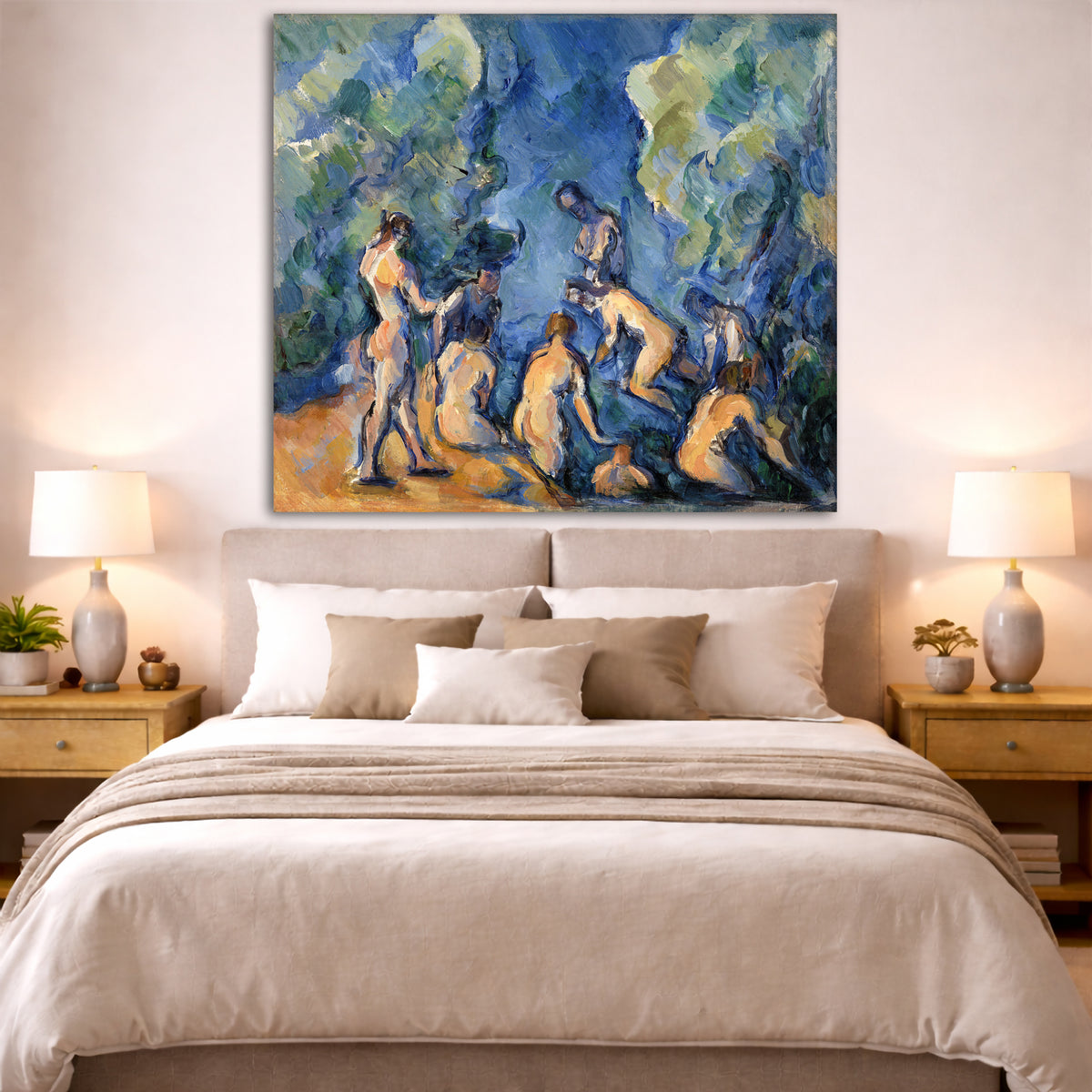 Paul Cézanne - Seven Bathers Giclée canvas print displayed above a bed in a bedroom interior