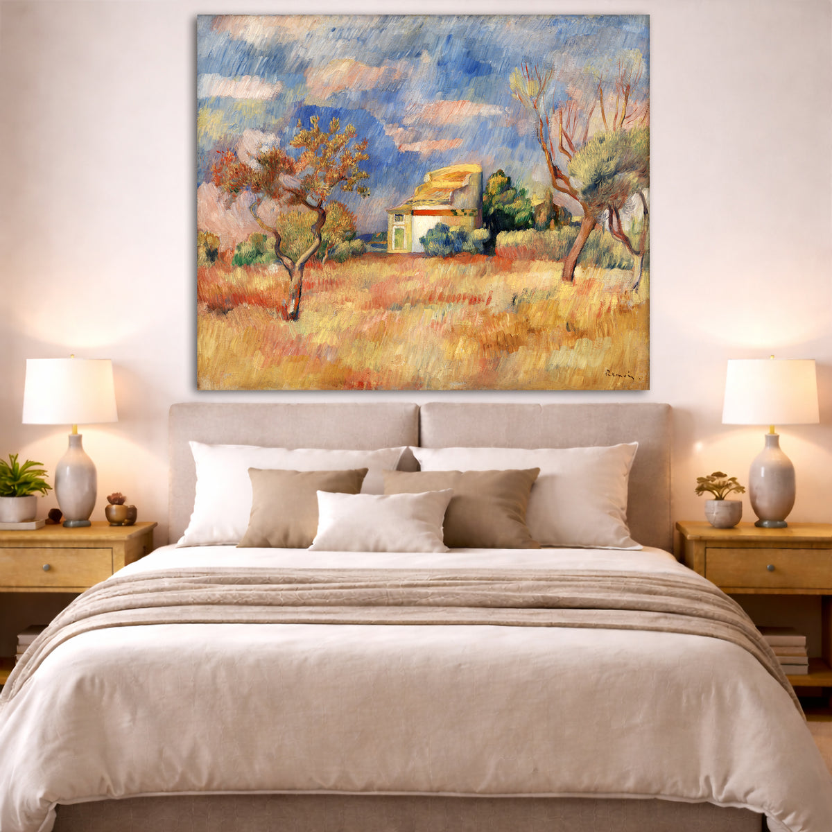 Pierre-Auguste Renoir - The Dovecote at Bellevue Giclée canvas print displayed above a bed in a bedroom interior