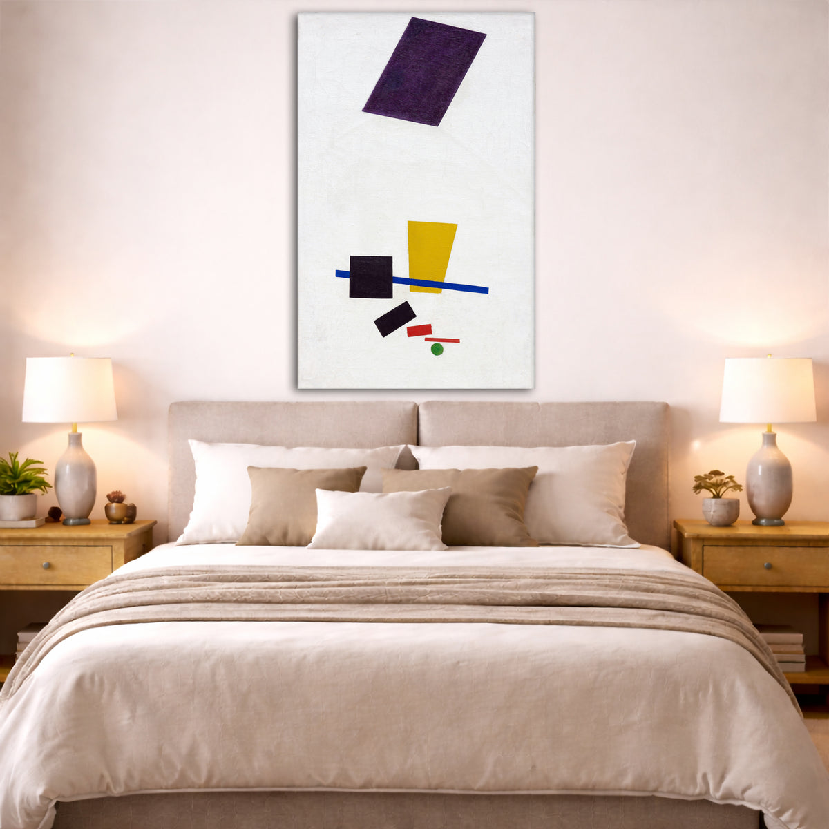 Kazimir Malevich - Football Player Giclée canvas print displayed above a bed in a bedroom interior