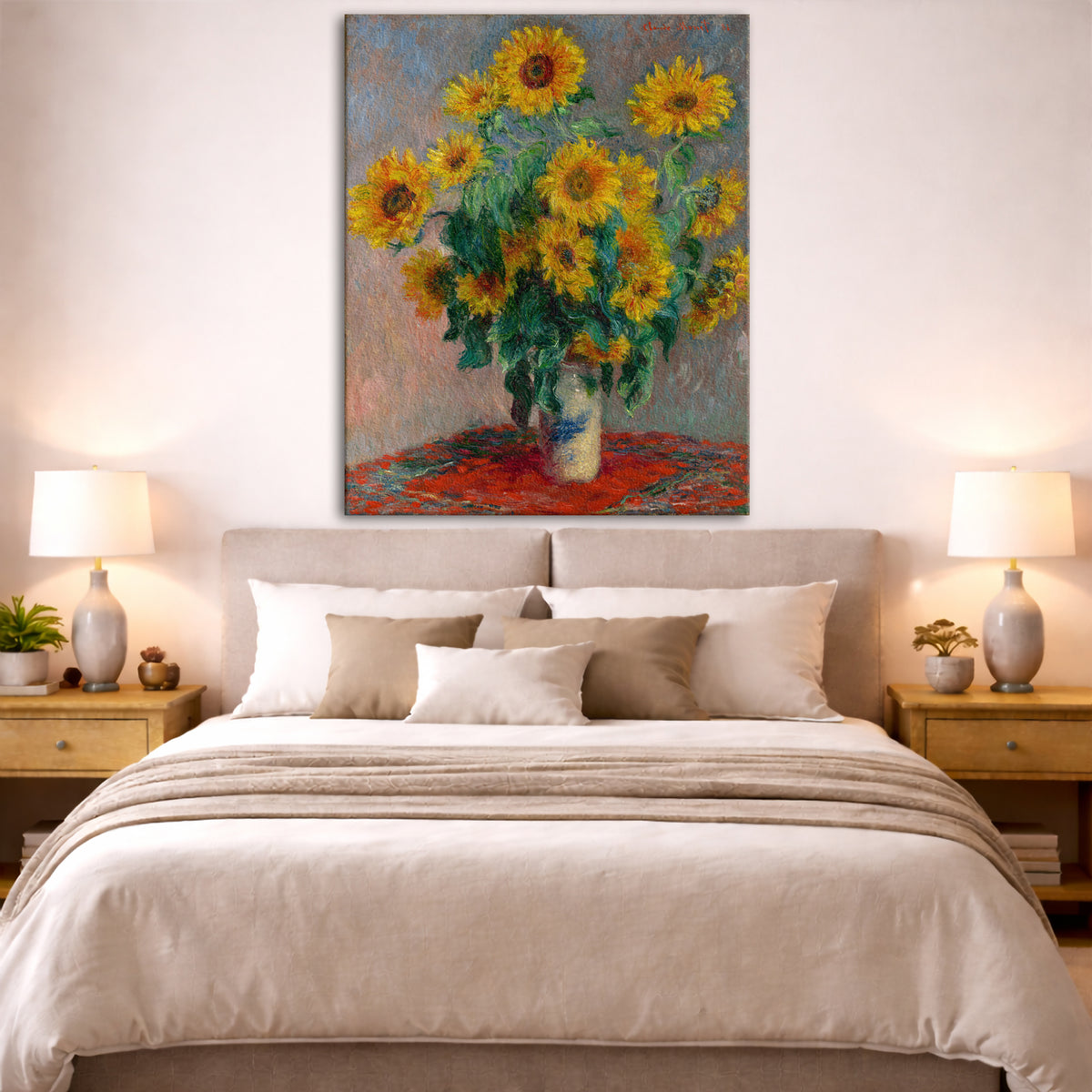 Claude Monet - Sunflowers Giclée canvas print displayed above a bed in a bedroom interior