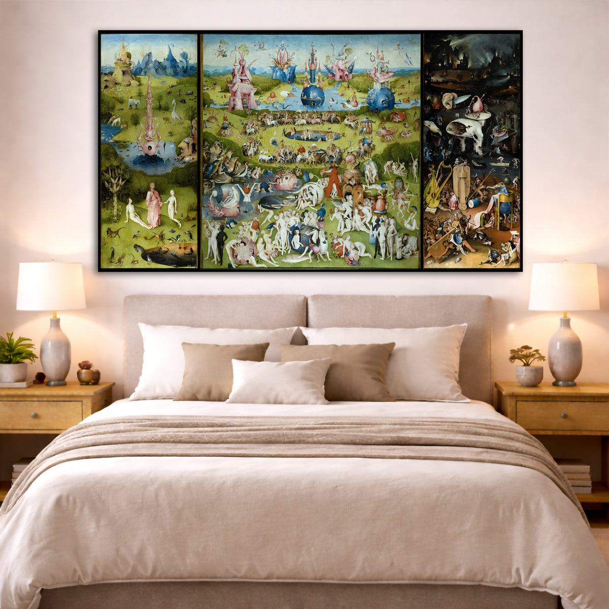 Hieronymus Bosch - Earthly Delights Giclée canvas print displayed above a bed in a bedroom interior