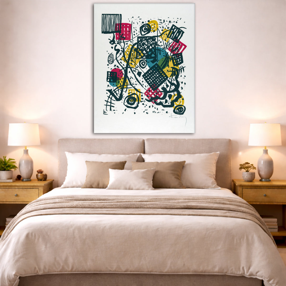 Wassily Kandinsky - Small Worlds V Giclée canvas print displayed above a bed in a bedroom interior