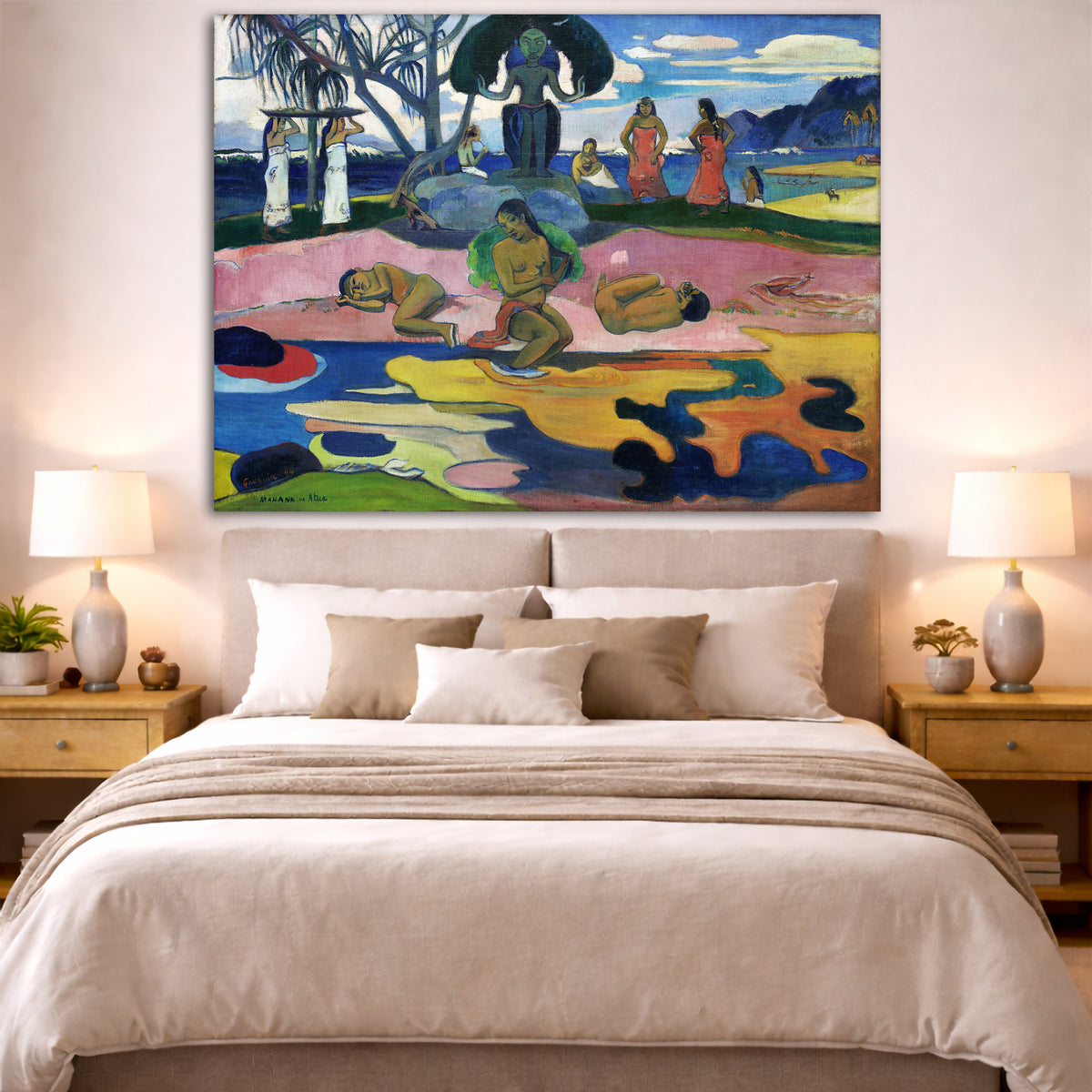 Paul Gauguin - Day of the God Mahana no Atua Giclée canvas print displayed above a bed in a bedroom interior