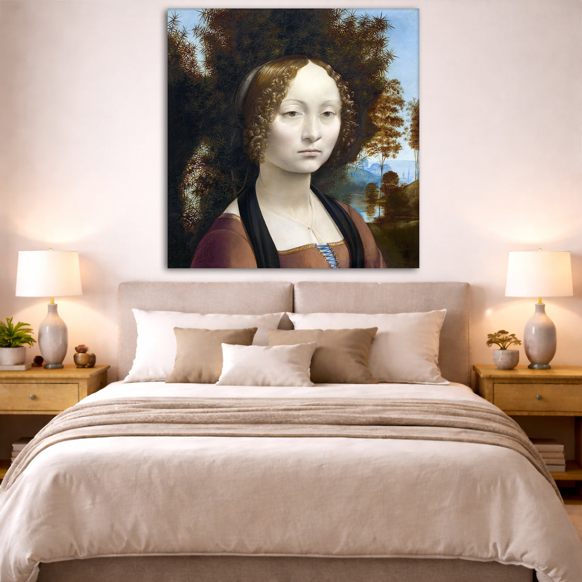 Leonardo Da Vinci - Ginevra de Benci Giclée canvas print displayed above a bed in a bedroom interior