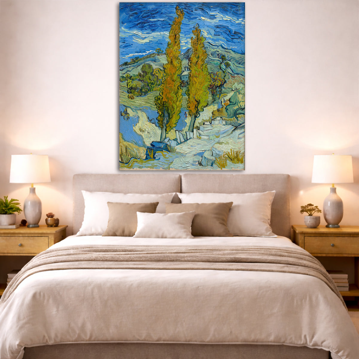 Vincent van Gogh - Poplars at Saint Remy Giclée canvas print displayed above a bed in a bedroom interior