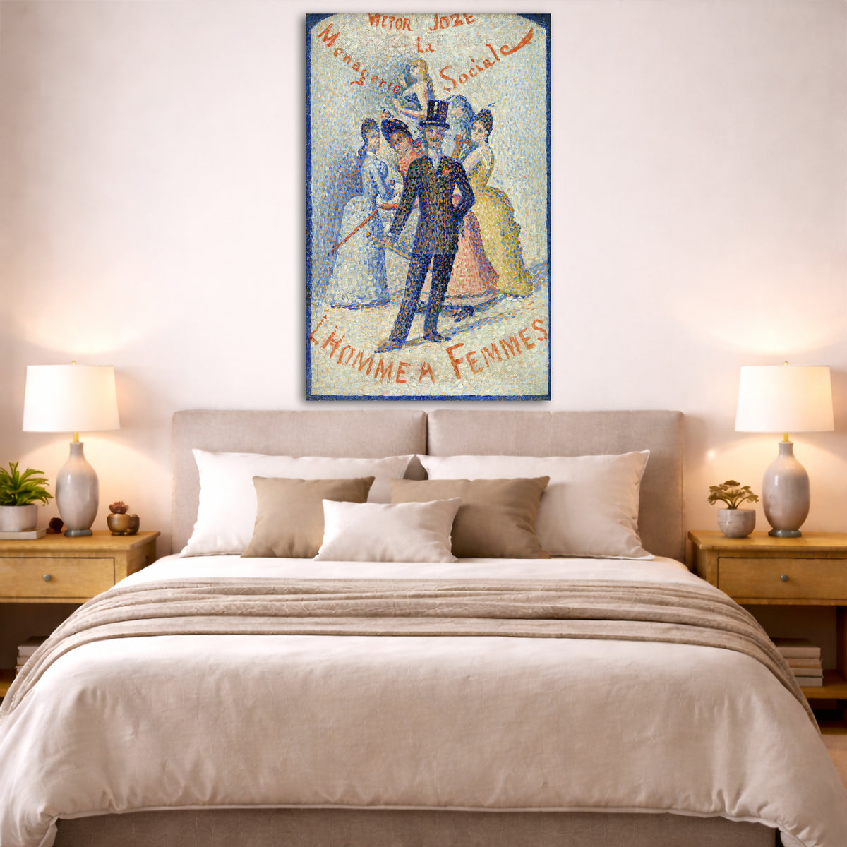 Georges Seurat - L'Homme à femmes Giclée canvas print displayed above a bed in a bedroom interior