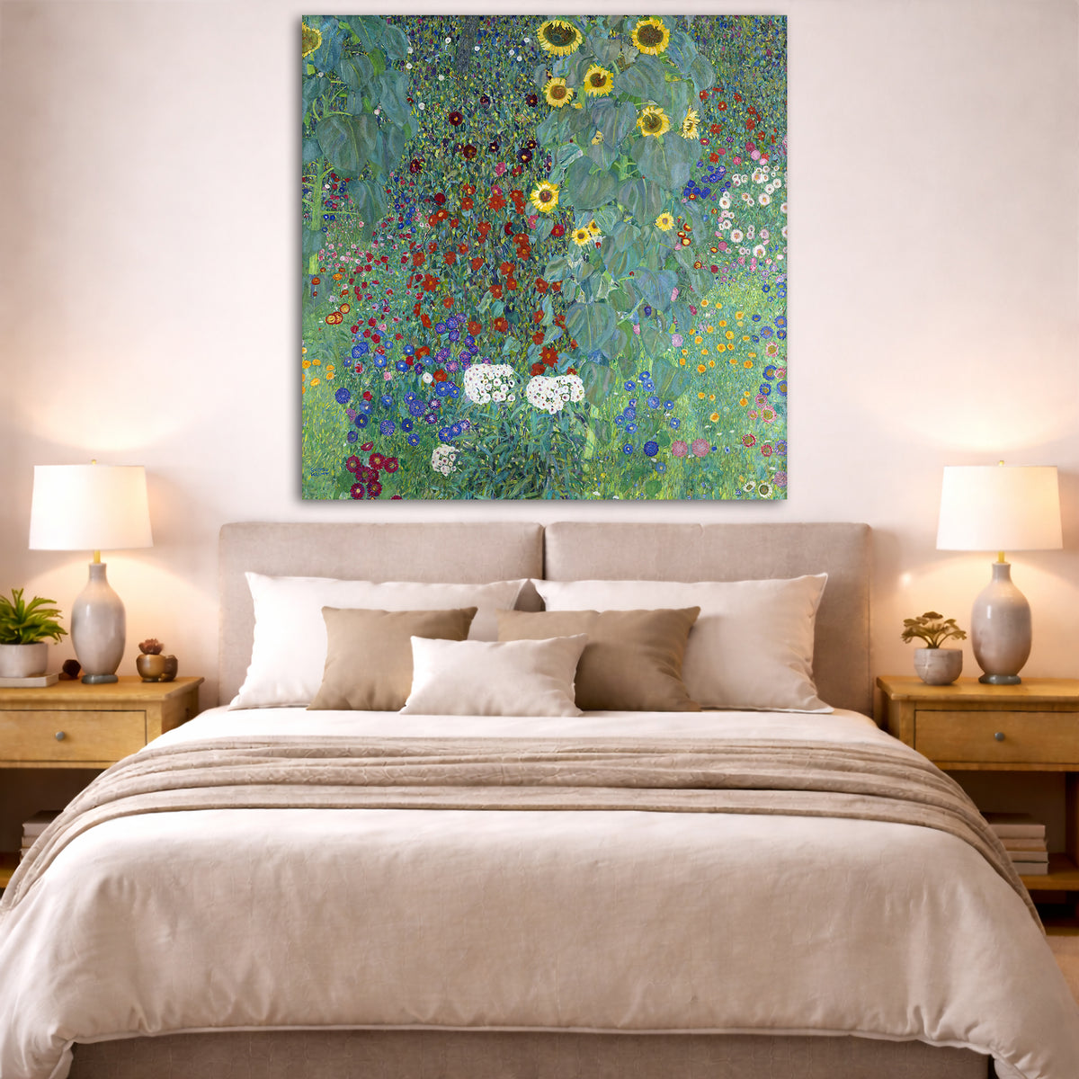 Gustav Klimt - Farm Garden with Sunflowers Giclée canvas print displayed above a bed in a bedroom interior