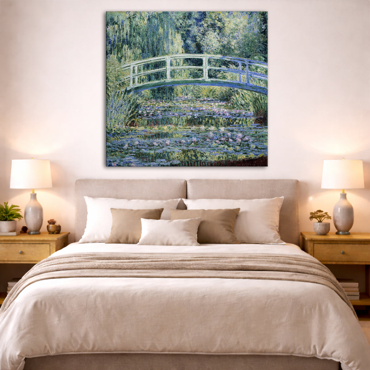 Claude Monet - Water Lilies and Japanese Bridge Giclée canvas print displayed above a bed in a bedroom interior