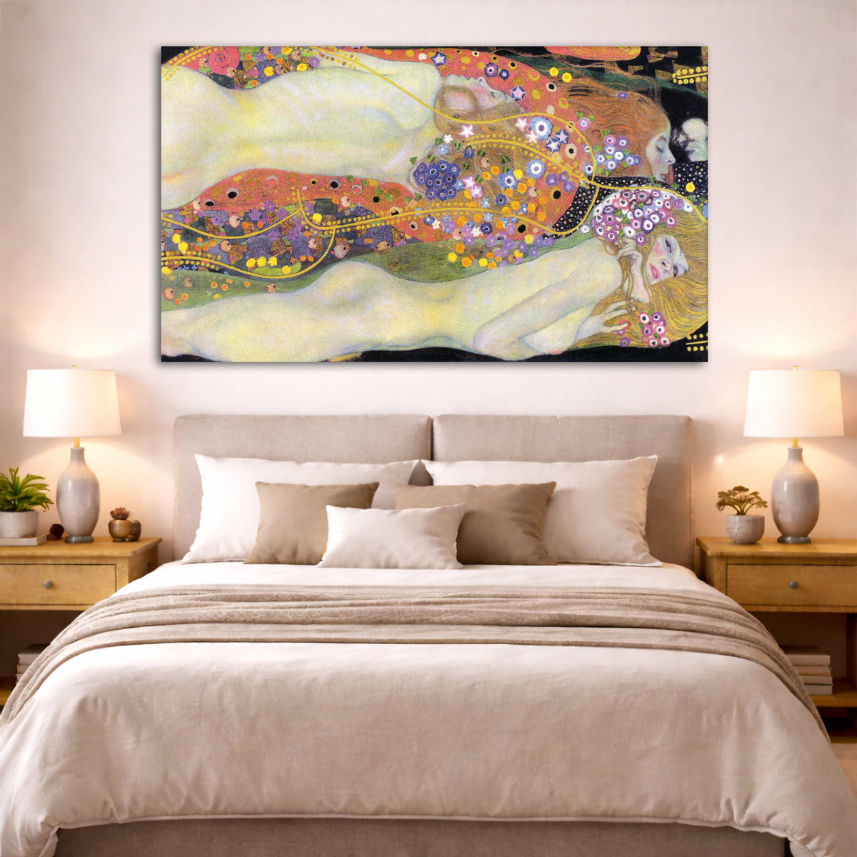 Gustav Klimt - Water Serpents II Giclée canvas print displayed above a bed in a bedroom interior