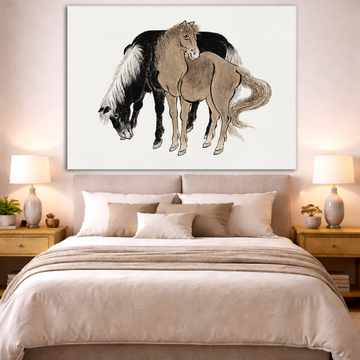 Katsushika Hokusai - Manga Sketches Giclée canvas print displayed above a bed in a bedroom interior