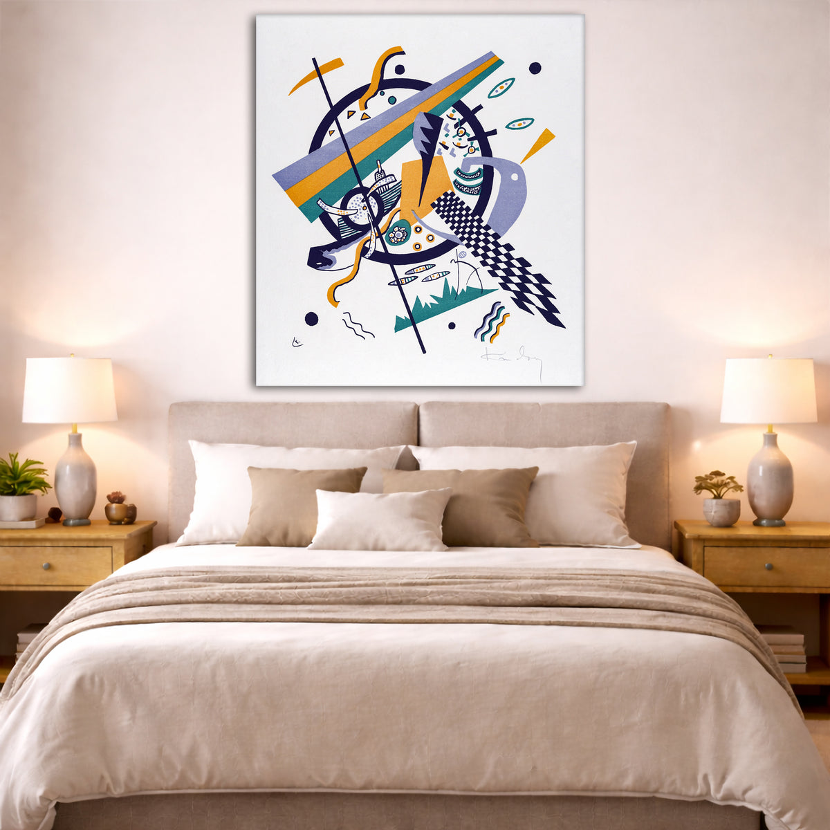 Wassily Kandinsky - Small Worlds IV Giclée canvas print displayed above a bed in a bedroom interior