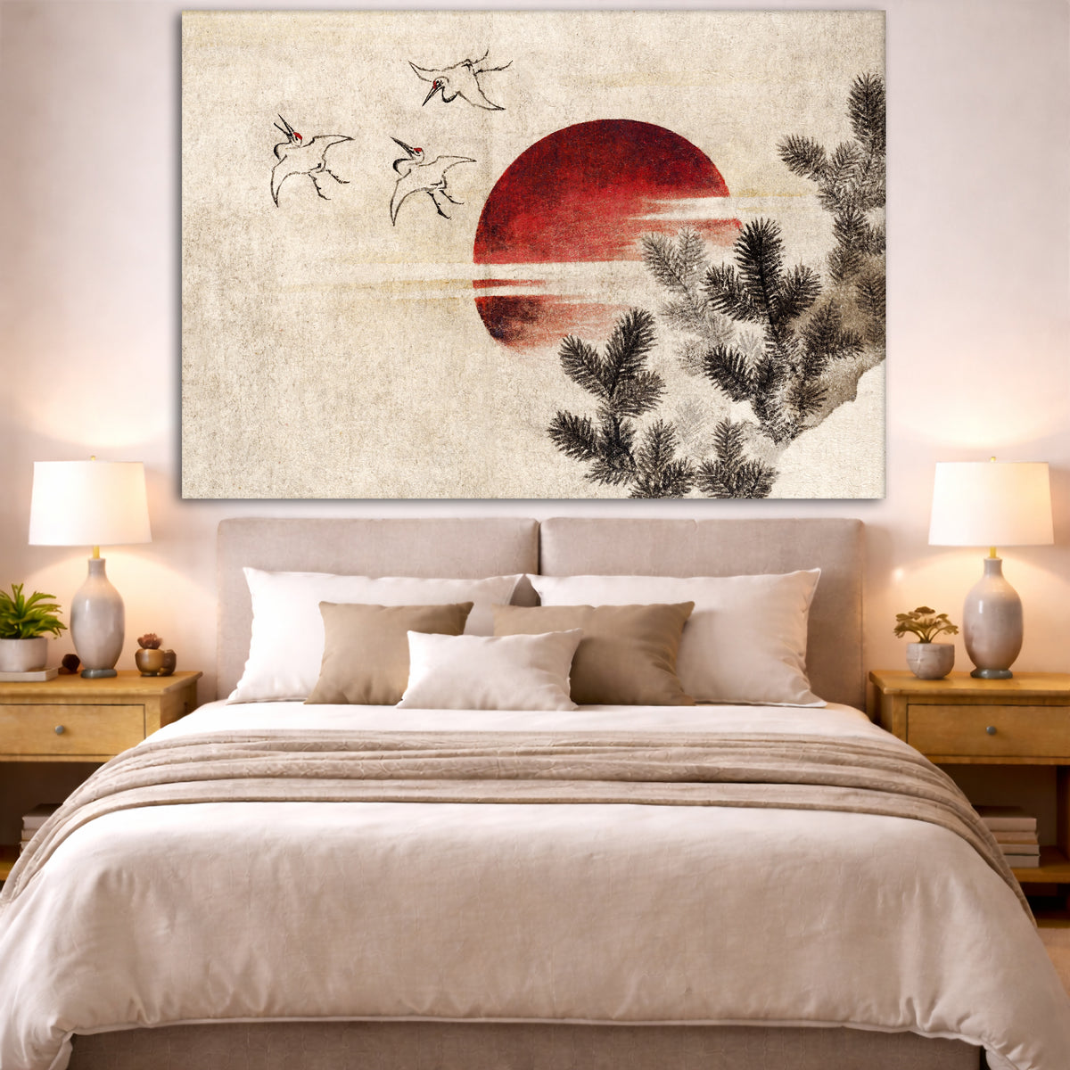 Katsushika Hokusai - Birds and Sunset Giclée canvas print displayed above a bed in a bedroom interior