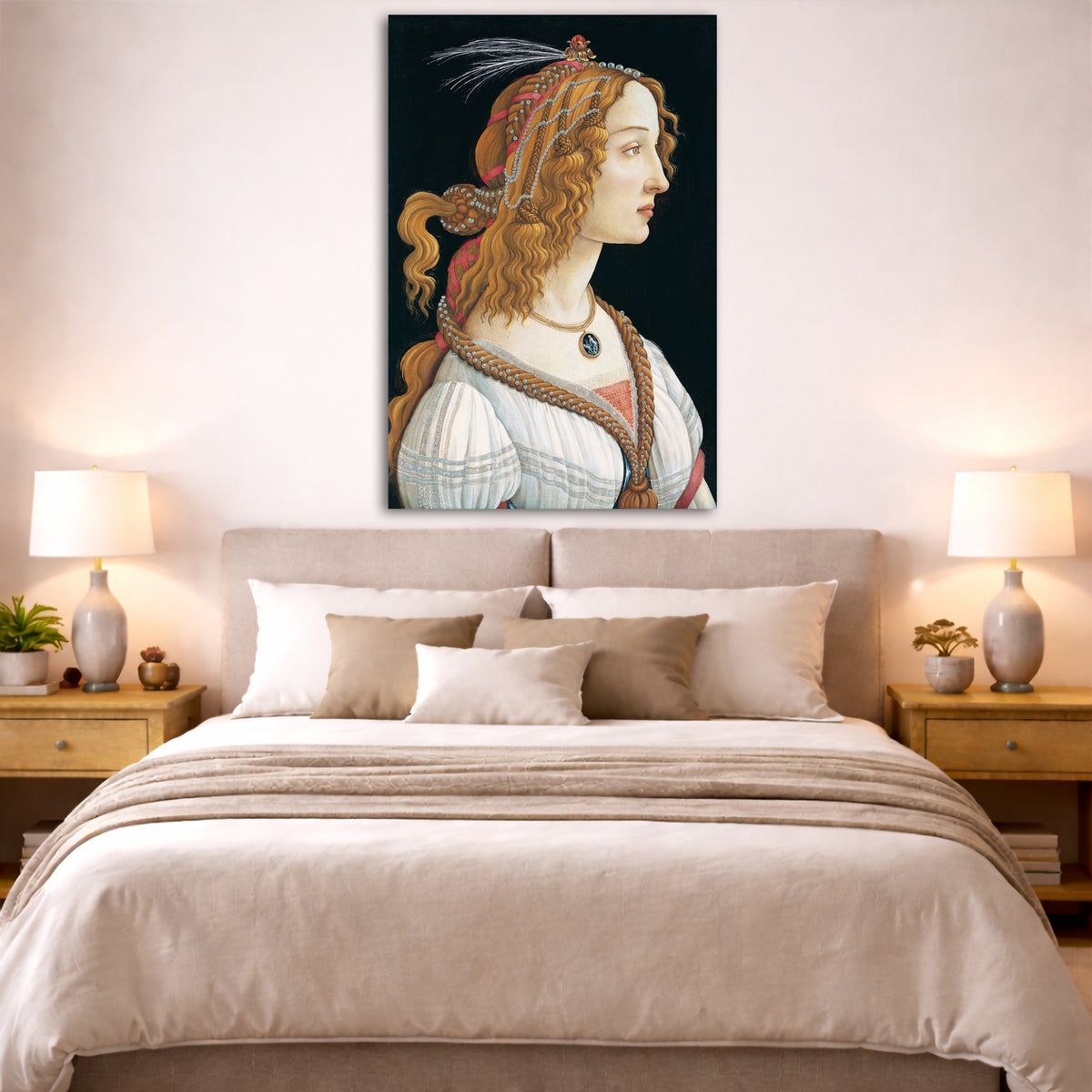 Sandro Botticelli - Idealized Portrait of a Lady Giclée canvas print displayed above a bed in a bedroom interior