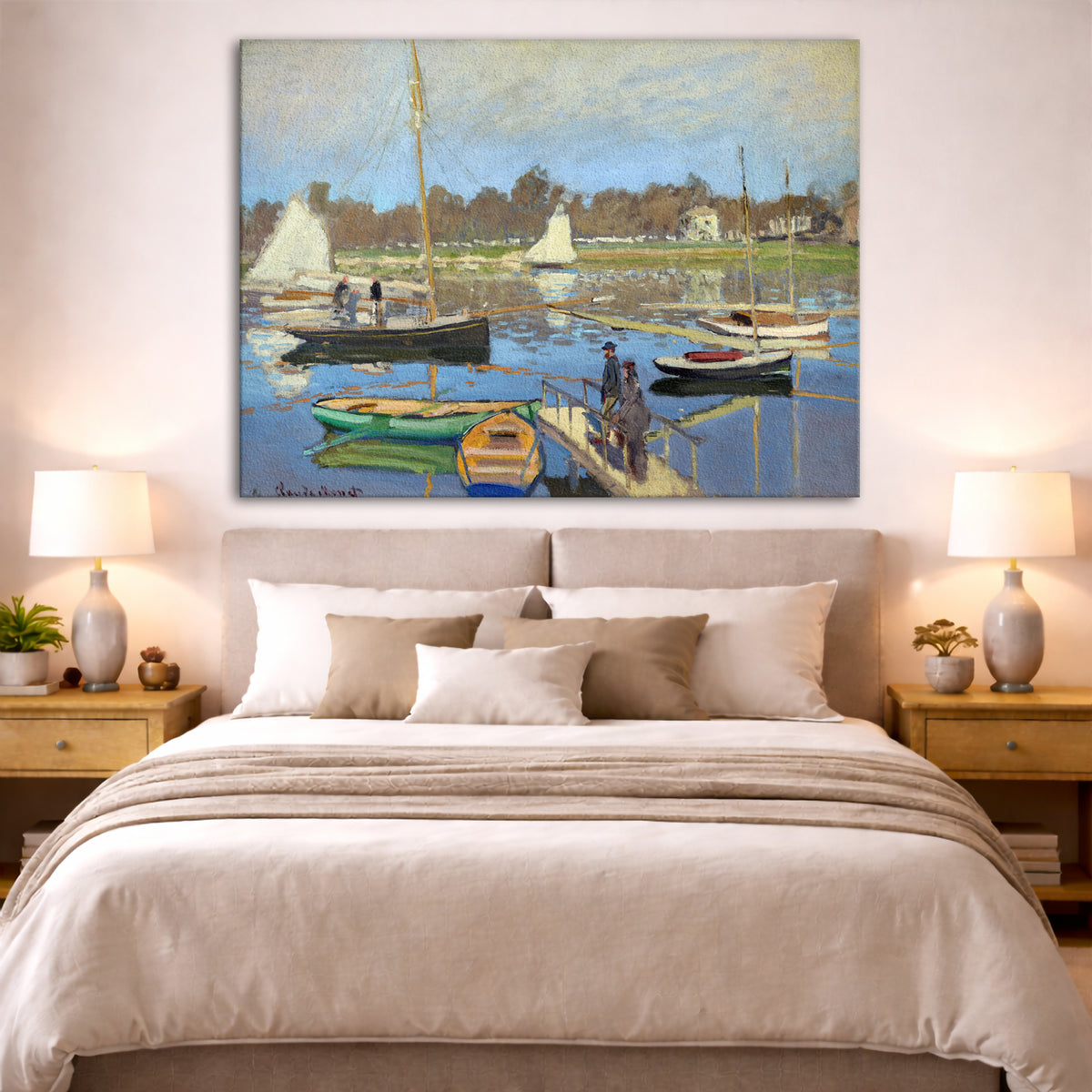 Claude Monet - Basin at Argenteuil Giclée canvas print displayed above a bed in a bedroom interior