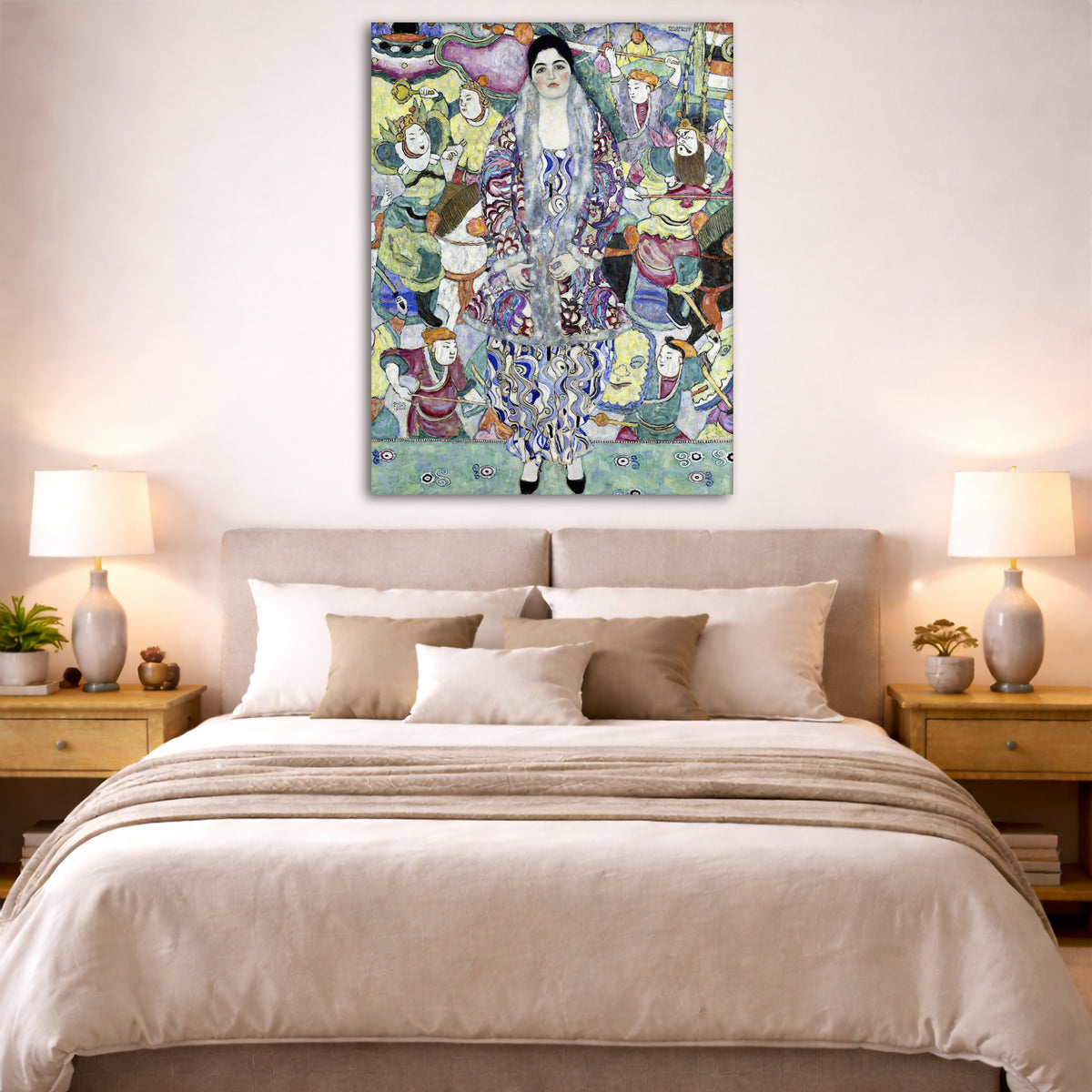 Gustav Klimt - Friederike Beer Giclée canvas print displayed above a bed in a bedroom interior