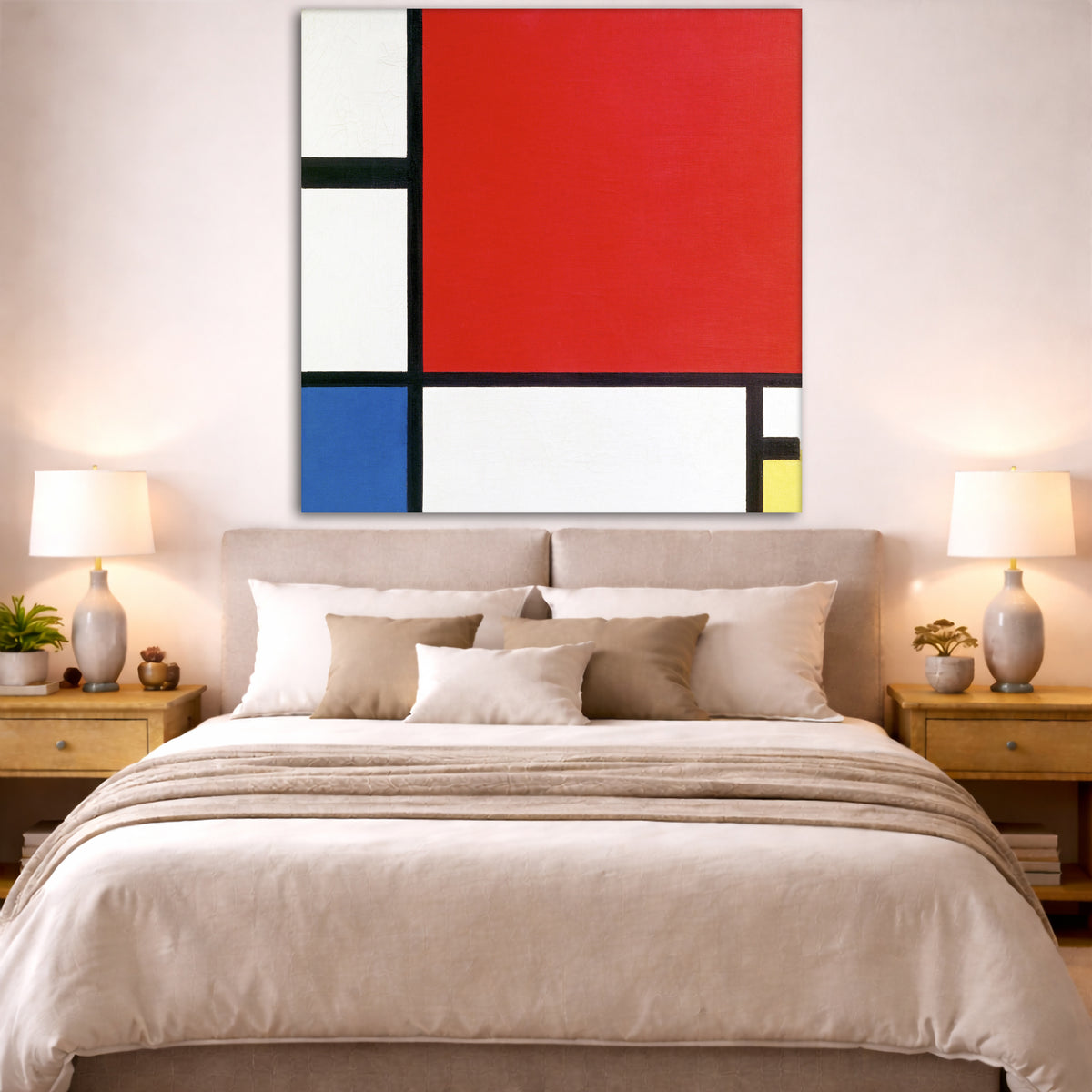Piet Mondrian - Composition with Red, Blue and Yellow Giclée canvas print displayed above a bed in a bedroom interior
