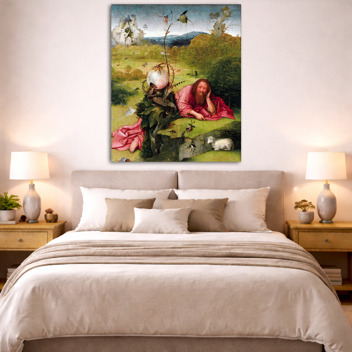 Hieronymus Bosch - St. John the Baptist in the Wilderness Giclée canvas print displayed above a bed in a bedroom interior
