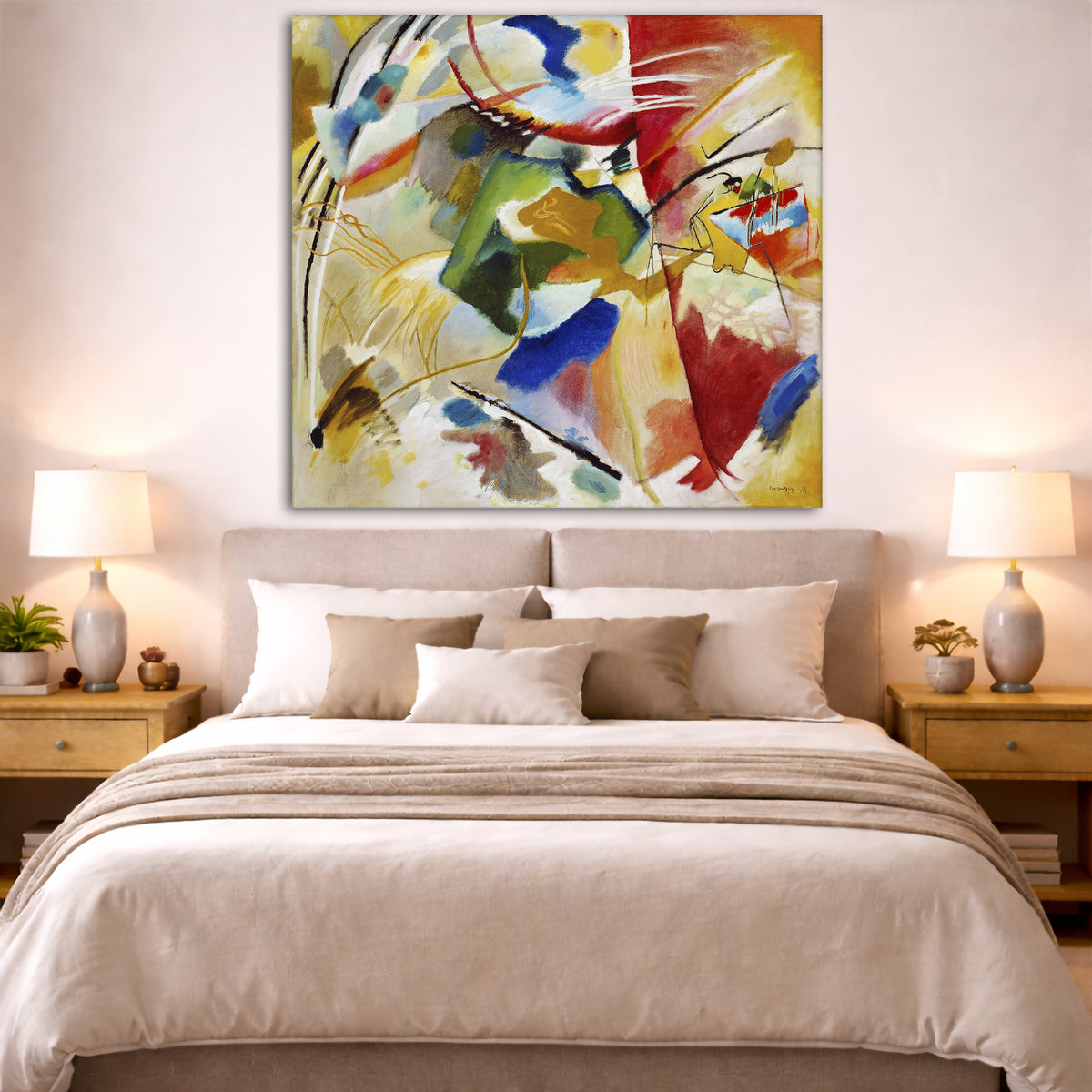 Wassily Kandinsky - Painting with Green Center Giclée canvas print displayed above a bed in a bedroom interior