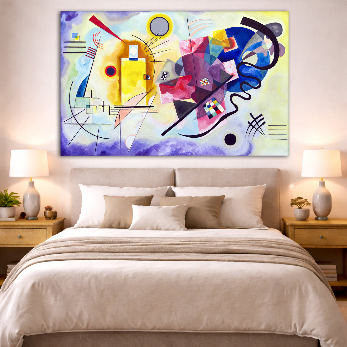 Wassily Kandinsky - Yellow Red Blue Giclée canvas print displayed above a bed in a bedroom interior