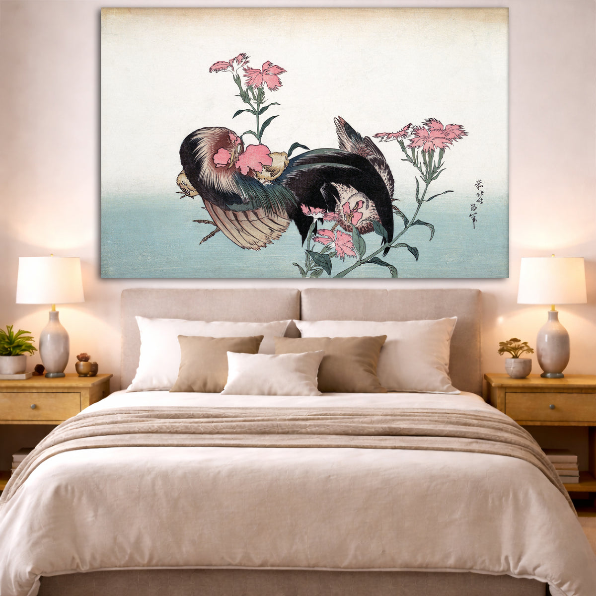 Katsushika Hokusai - Rooster and Flower Giclée canvas print displayed above a bed in a bedroom interior