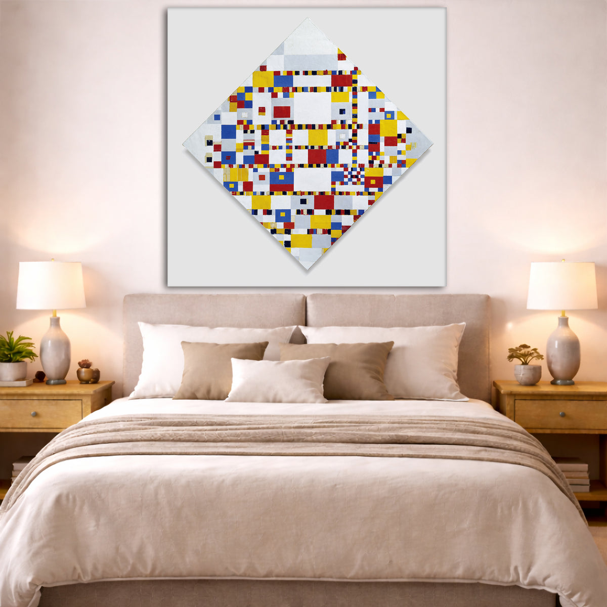 Piet Mondrian - Victory Boogie Woogie Giclée canvas print displayed above a bed in a bedroom interior
