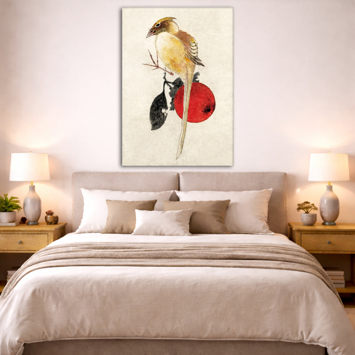 Katsushika Hokusai - Bird Giclée canvas print displayed above a bed in a bedroom interior