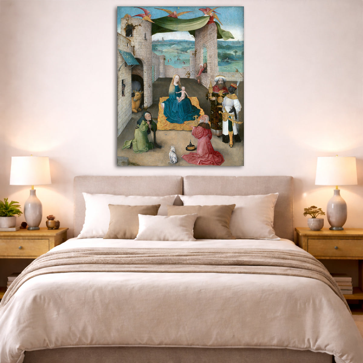 Hieronymus Bosch - Adoration of Magi Giclée canvas print displayed above a bed in a bedroom interior