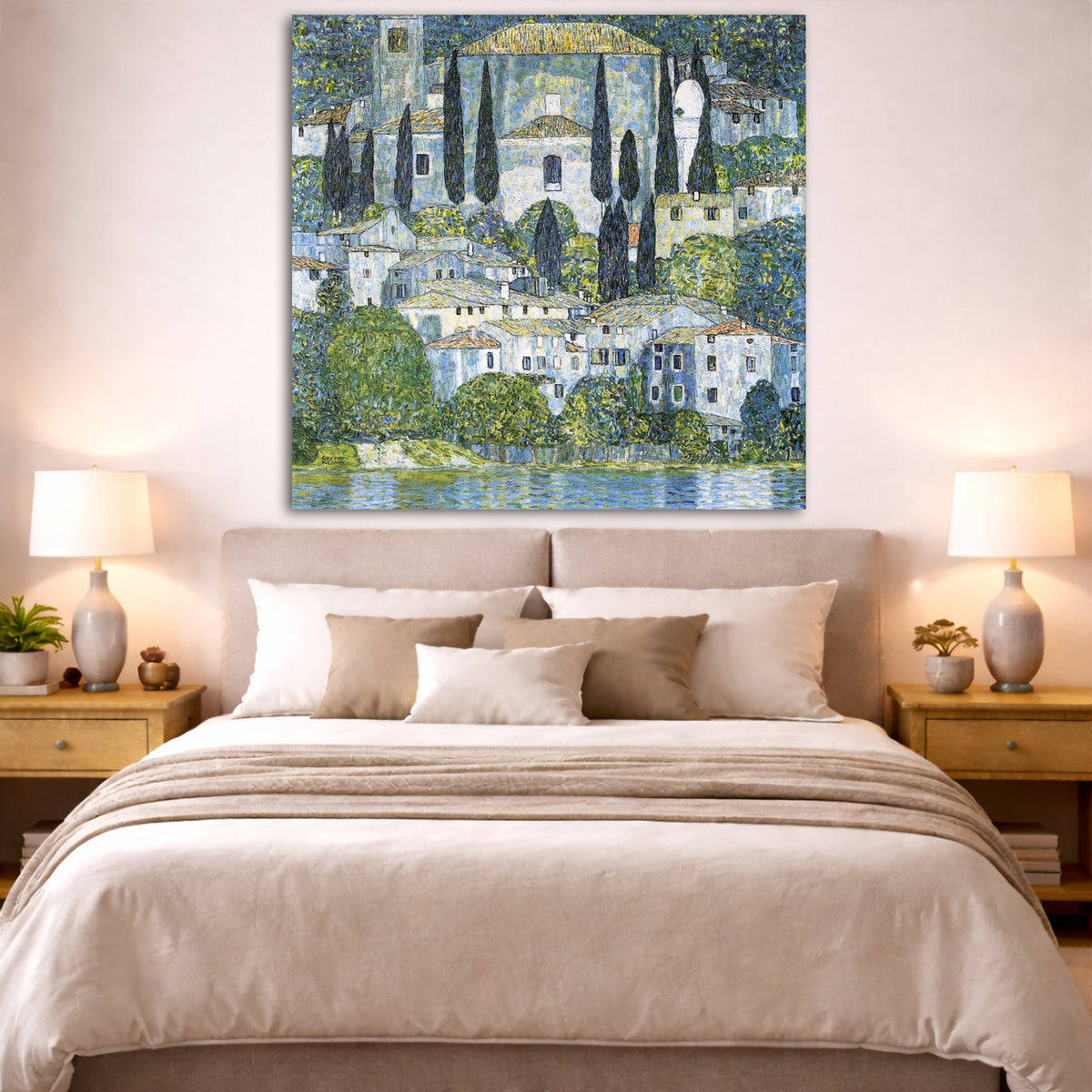 Gustav Klimt - Church in Cassone Giclée canvas print displayed above a bed in a bedroom interior