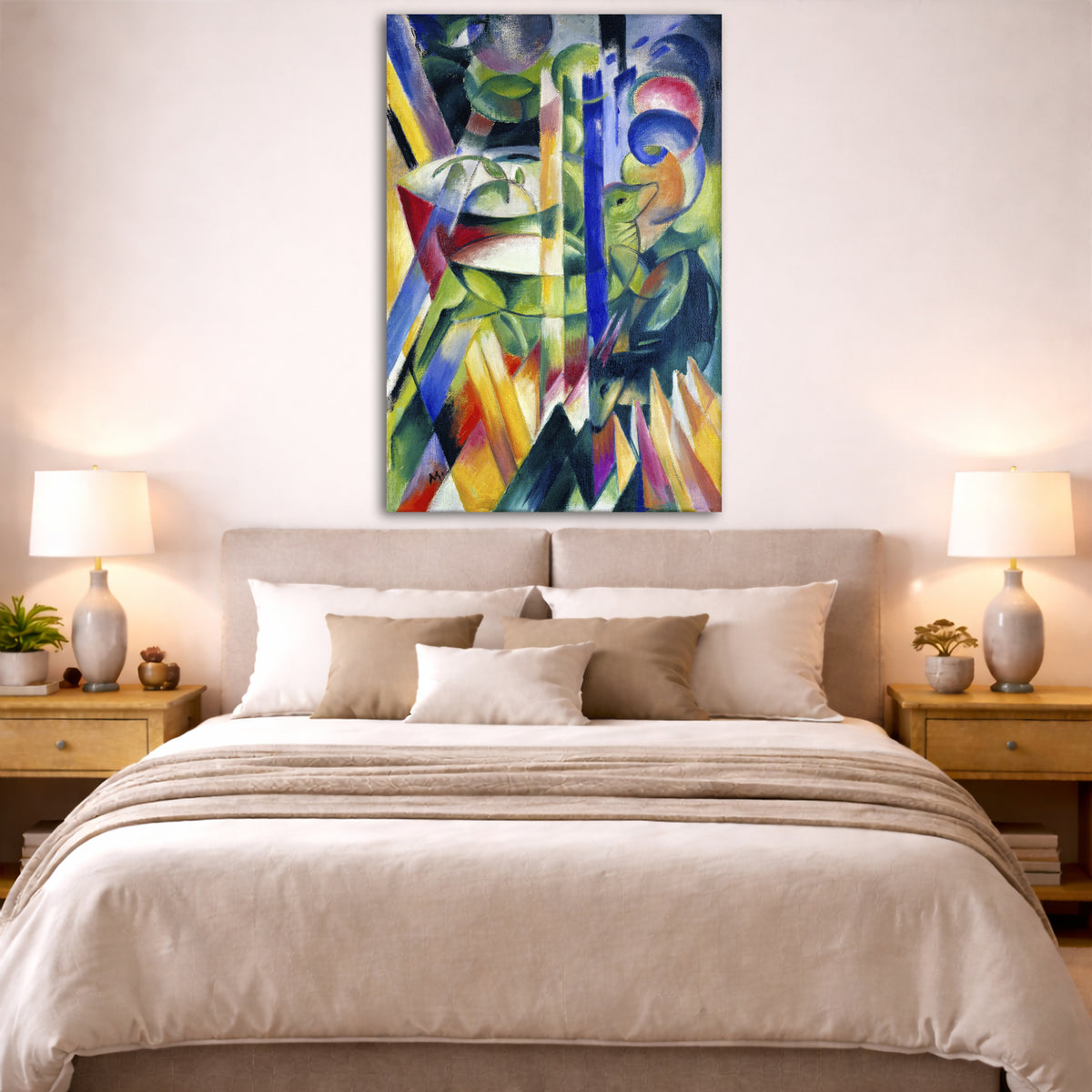 Franz Marc - Little Mountain Goats Giclée canvas print displayed above a bed in a bedroom interior