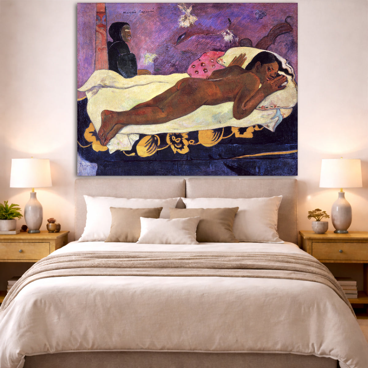 Paul Gauguin - Spirit of the Dead Keeps Watch Giclée canvas print displayed above a bed in a bedroom interior