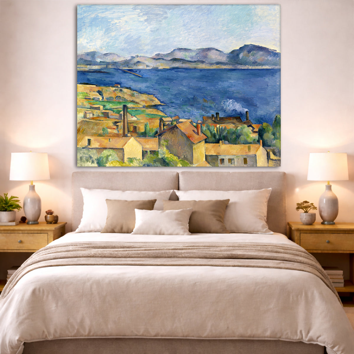Paul Cézanne - The Bay of Marseilles Giclée canvas print displayed above a bed in a bedroom interior