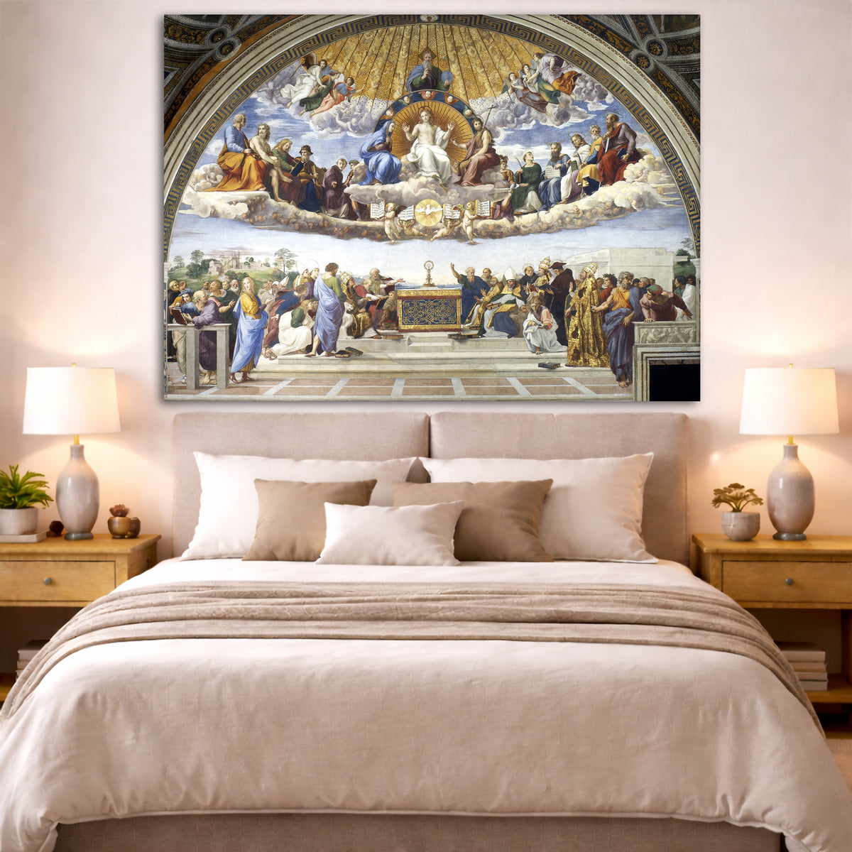 Raphael - Disputa del Sacramento Giclée canvas print displayed above a bed in a bedroom interior