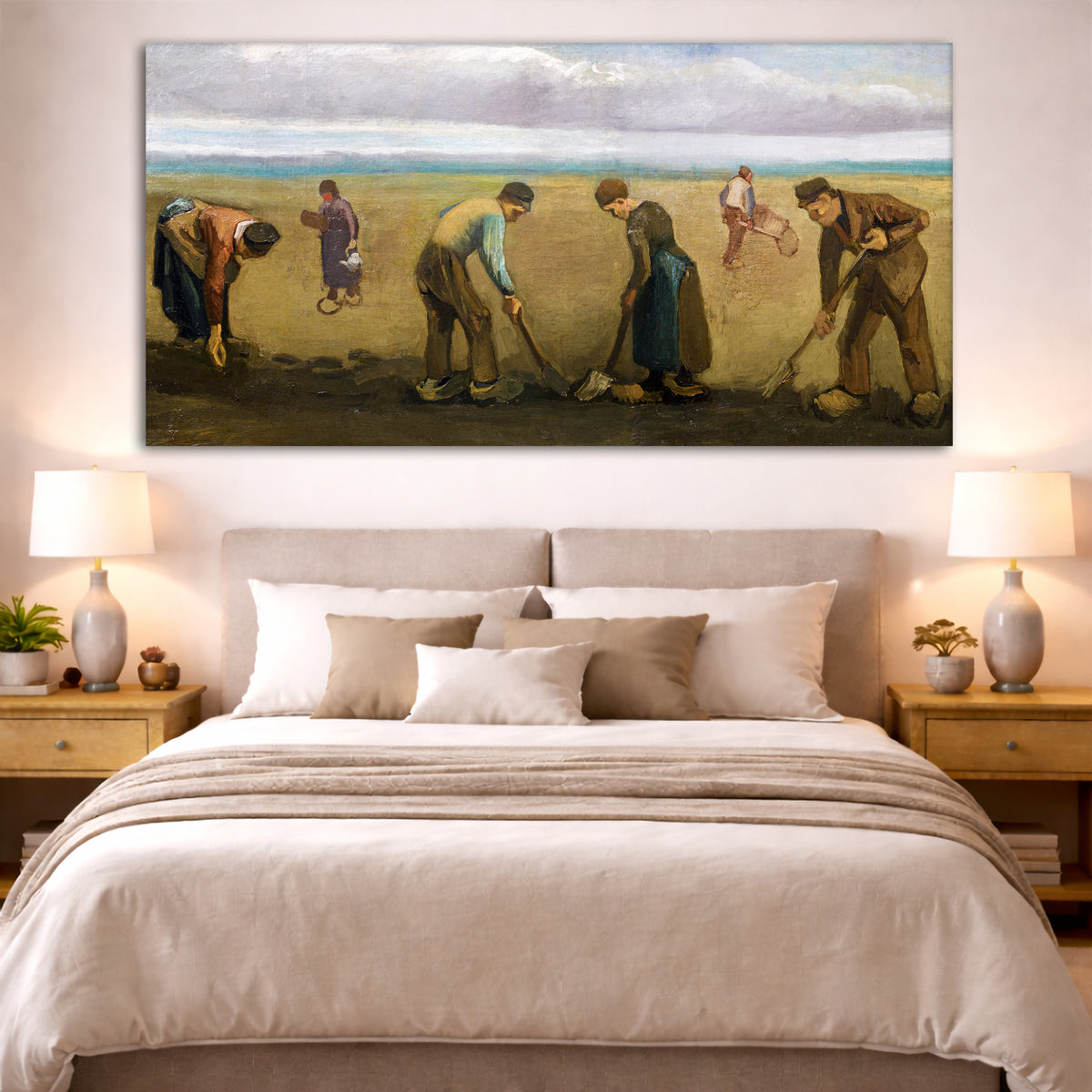 Vincent van Gogh - Peasants Planting Potatoes Giclée canvas print displayed above a bed in a bedroom interior