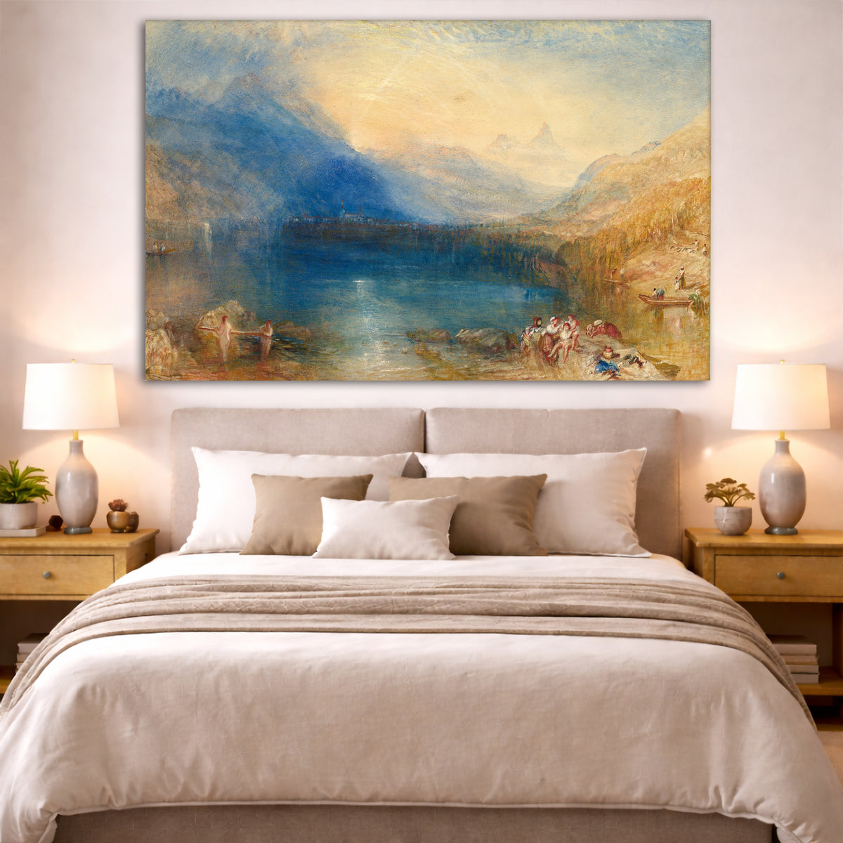 William Turner - The Lake of Zug Giclée canvas print displayed above a bed in a bedroom interior