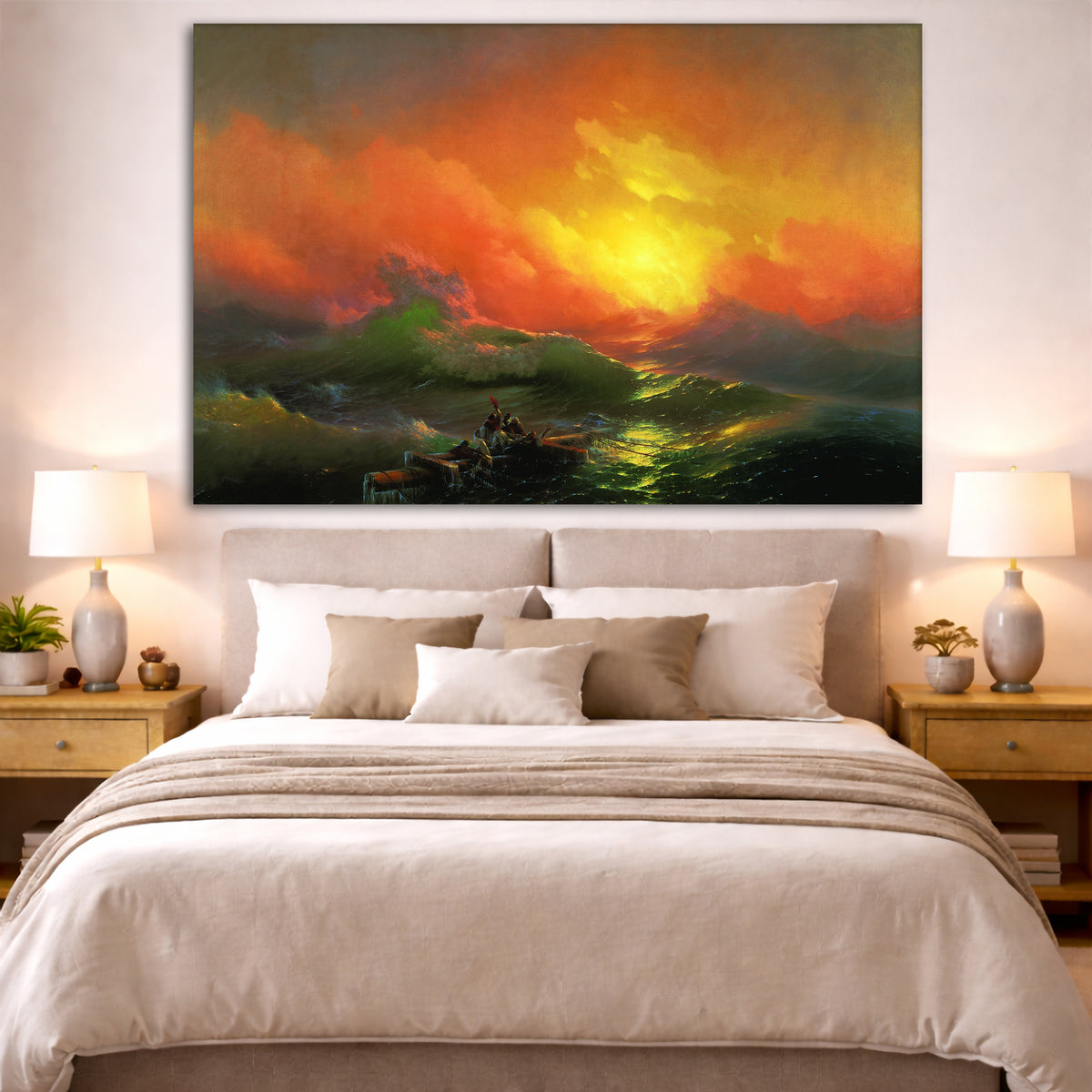 Ivan Aivazovsky - The Ninth Wave Giclée canvas print displayed above a bed in a bedroom interior