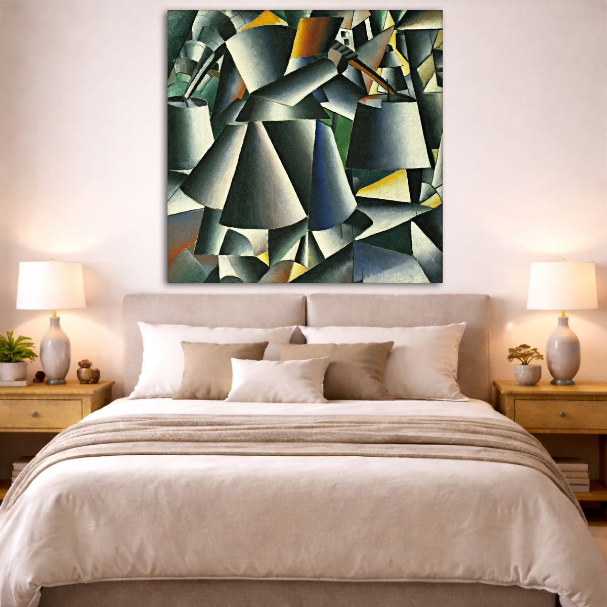 Kazimir Malevich - Woman with Pails Giclée canvas print displayed above a bed in a bedroom interior
