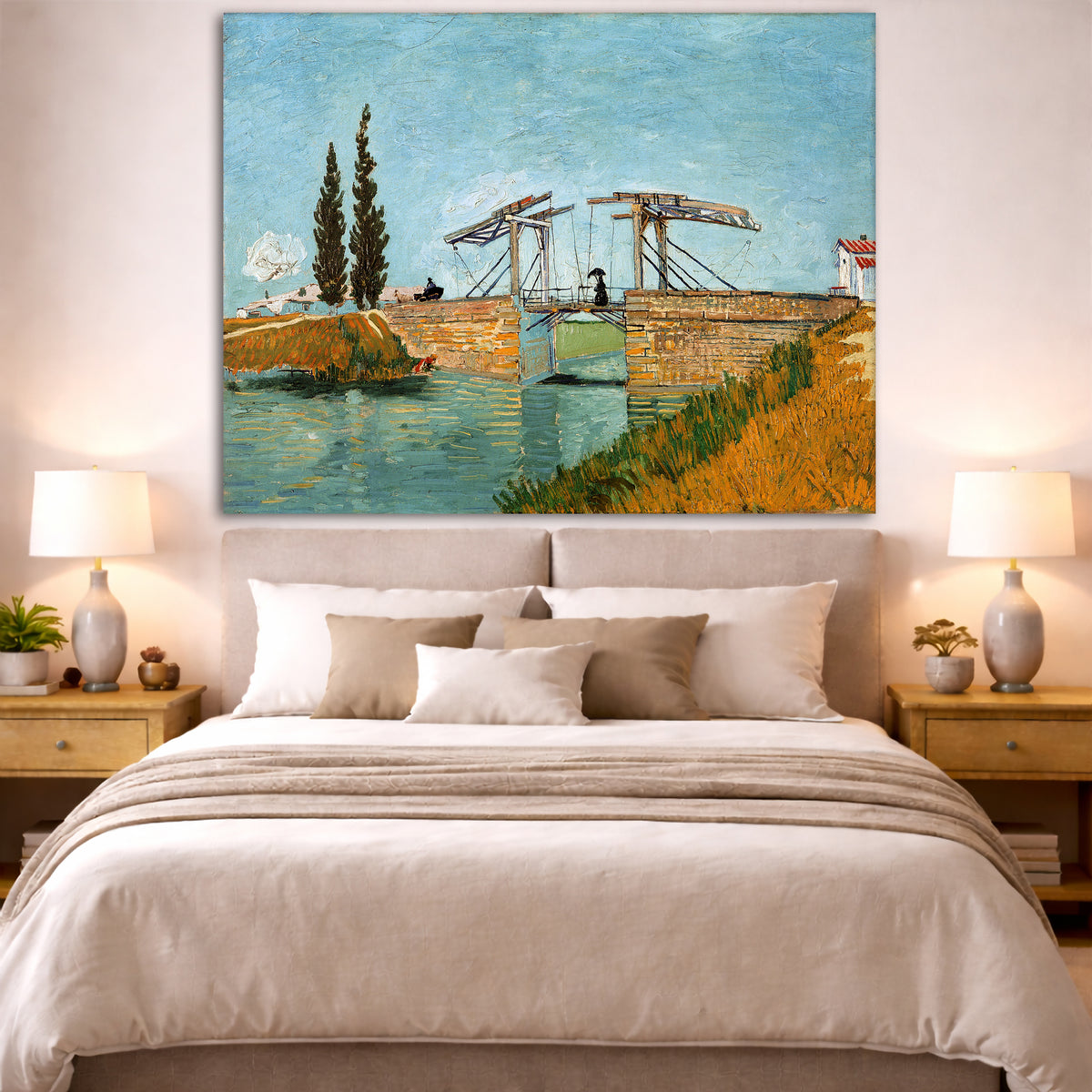 Vincent van Gogh - Langlois Bridge at Arles Giclée canvas print displayed above a bed in a bedroom interior